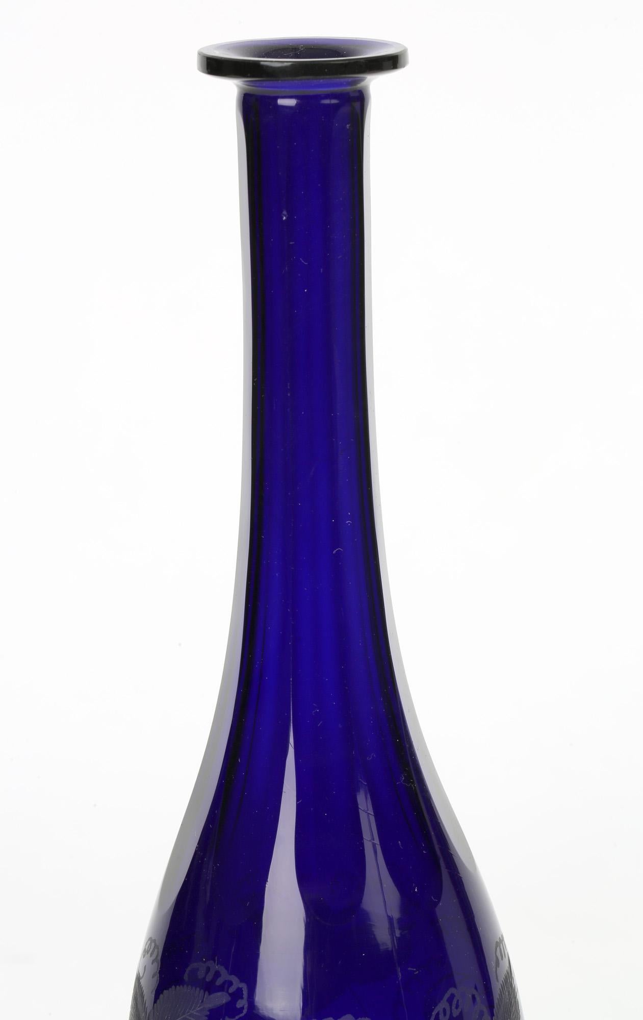 Georgian Bristol Blue Glass Engraved Vine Pattern Wine Decanter In Good Condition In Bishop's Stortford, Hertfordshire