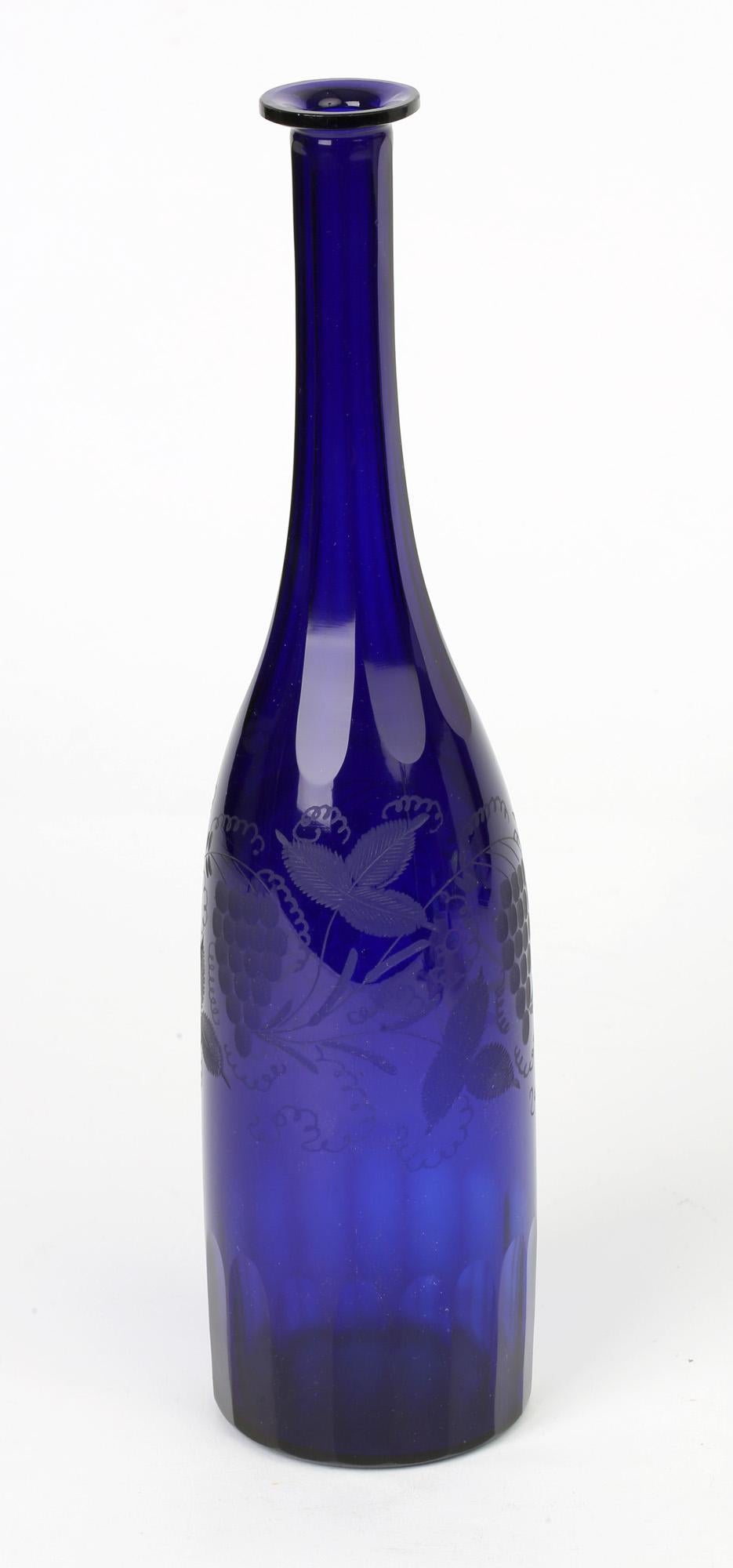 19th Century Georgian Bristol Blue Glass Engraved Vine Pattern Wine Decanter