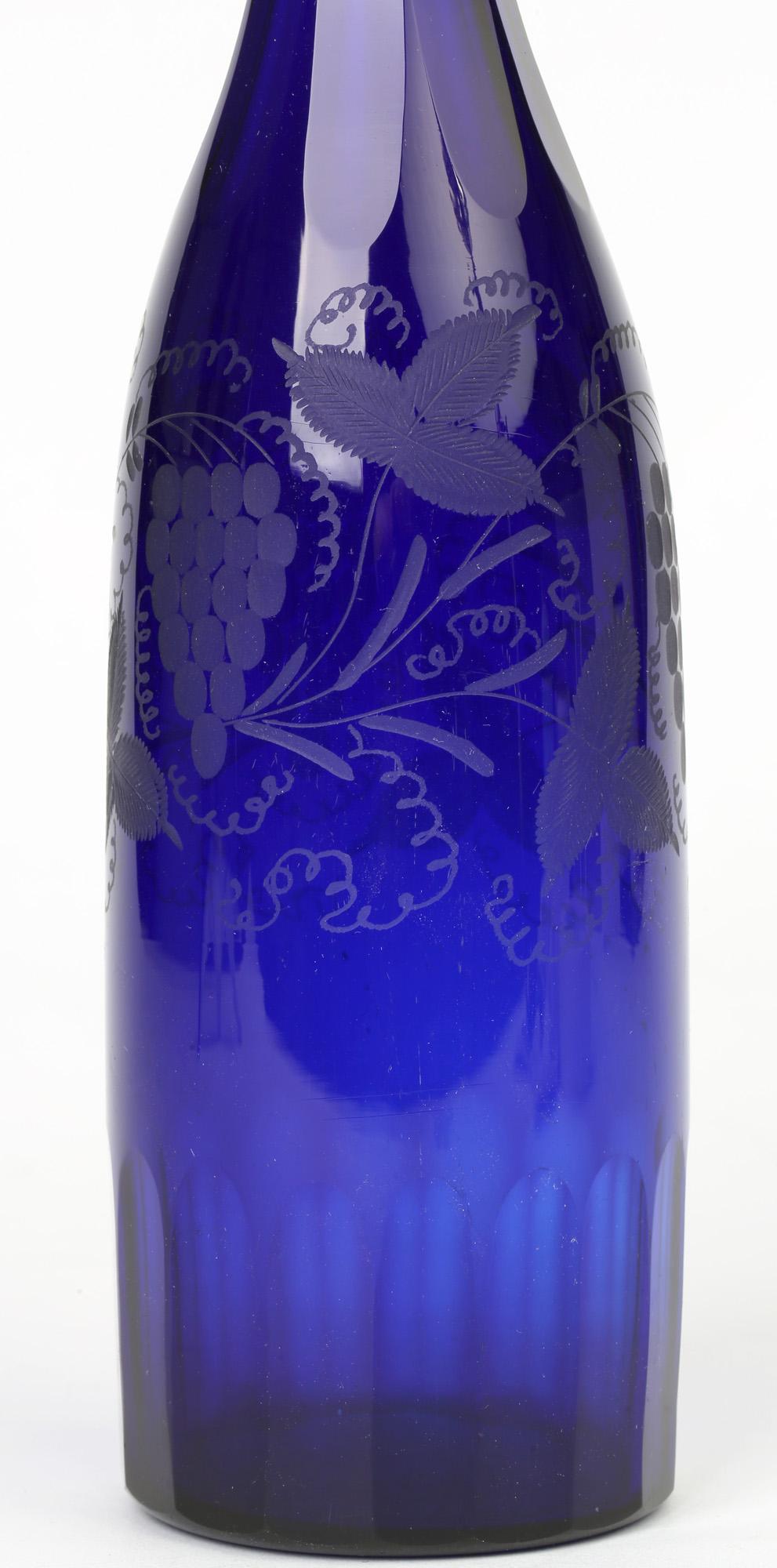 Blown Glass Georgian Bristol Blue Glass Engraved Vine Pattern Wine Decanter