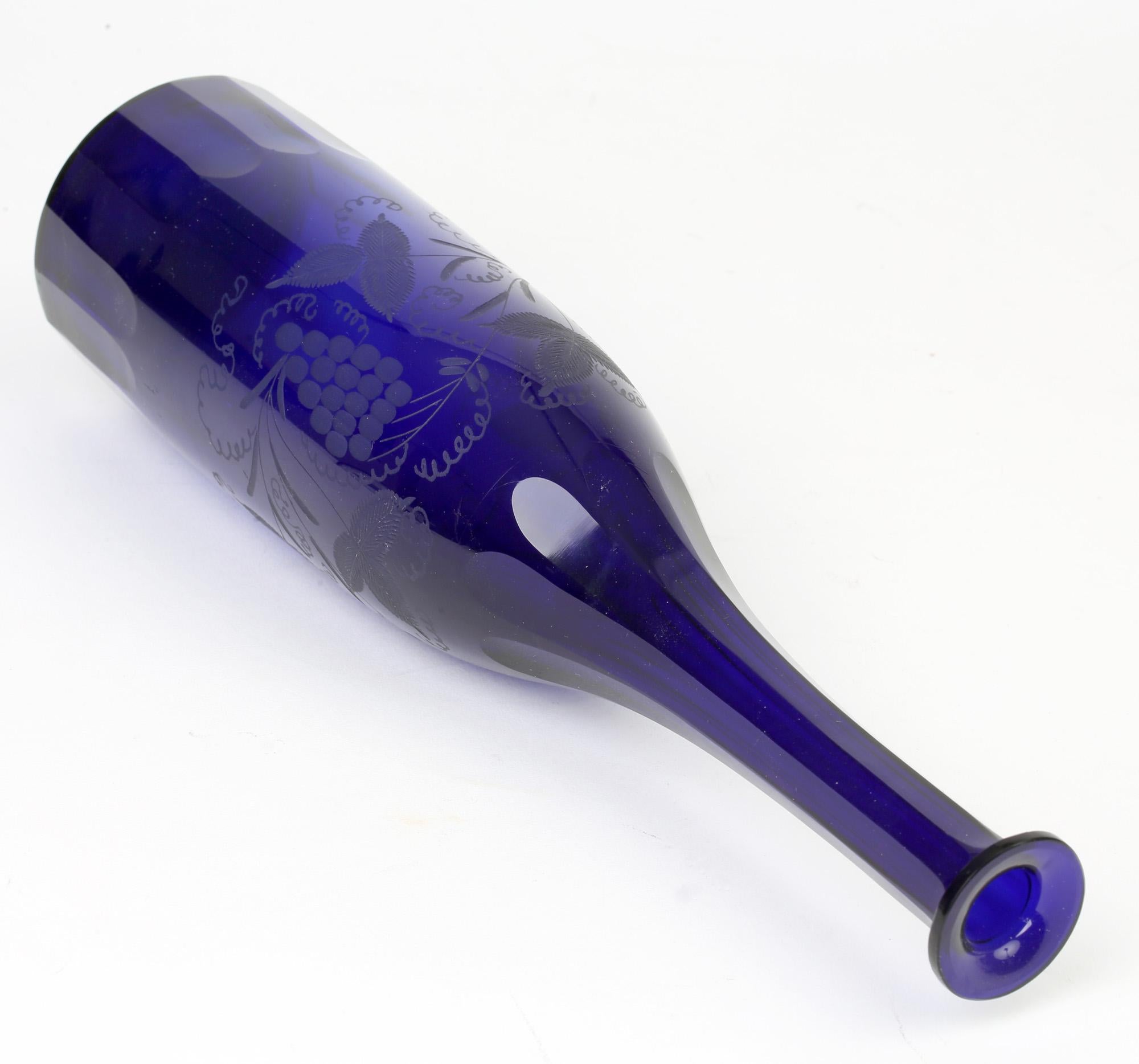 Georgian Bristol Blue Glass Engraved Vine Pattern Wine Decanter 1