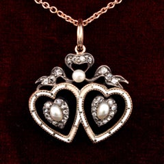 Victorian Bristol Glass Natural Pearl and Diamond Sweetheart Pendant