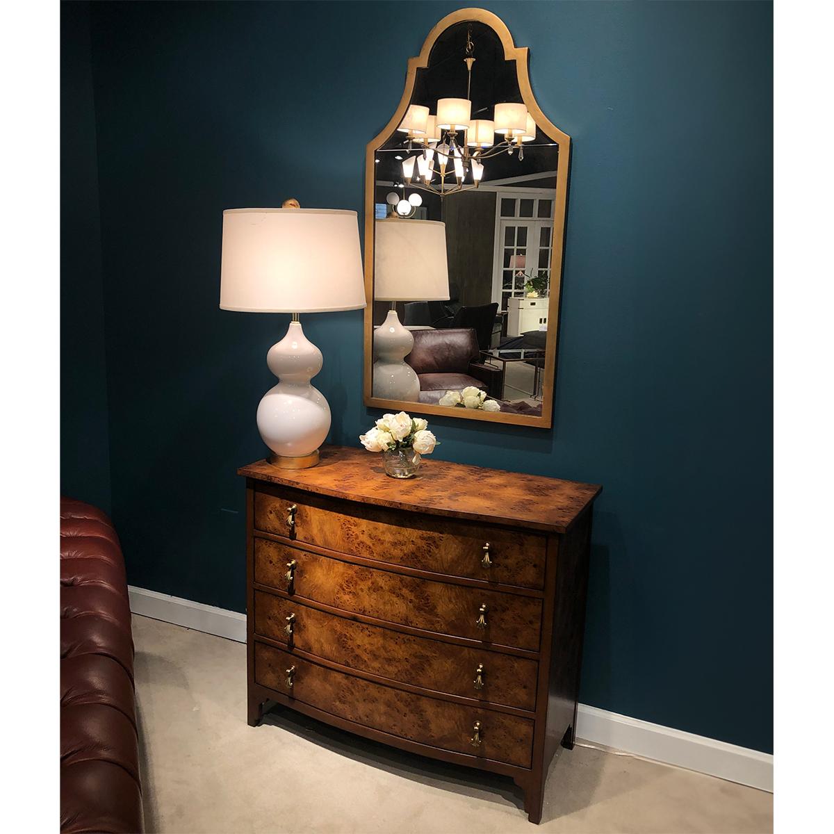 English Burl Bowfront Chest with four drawers and hand-cast polished brass flourish hardware. With a hand-rubbed rustic burl mappa veneer. 

Dimensions: 40