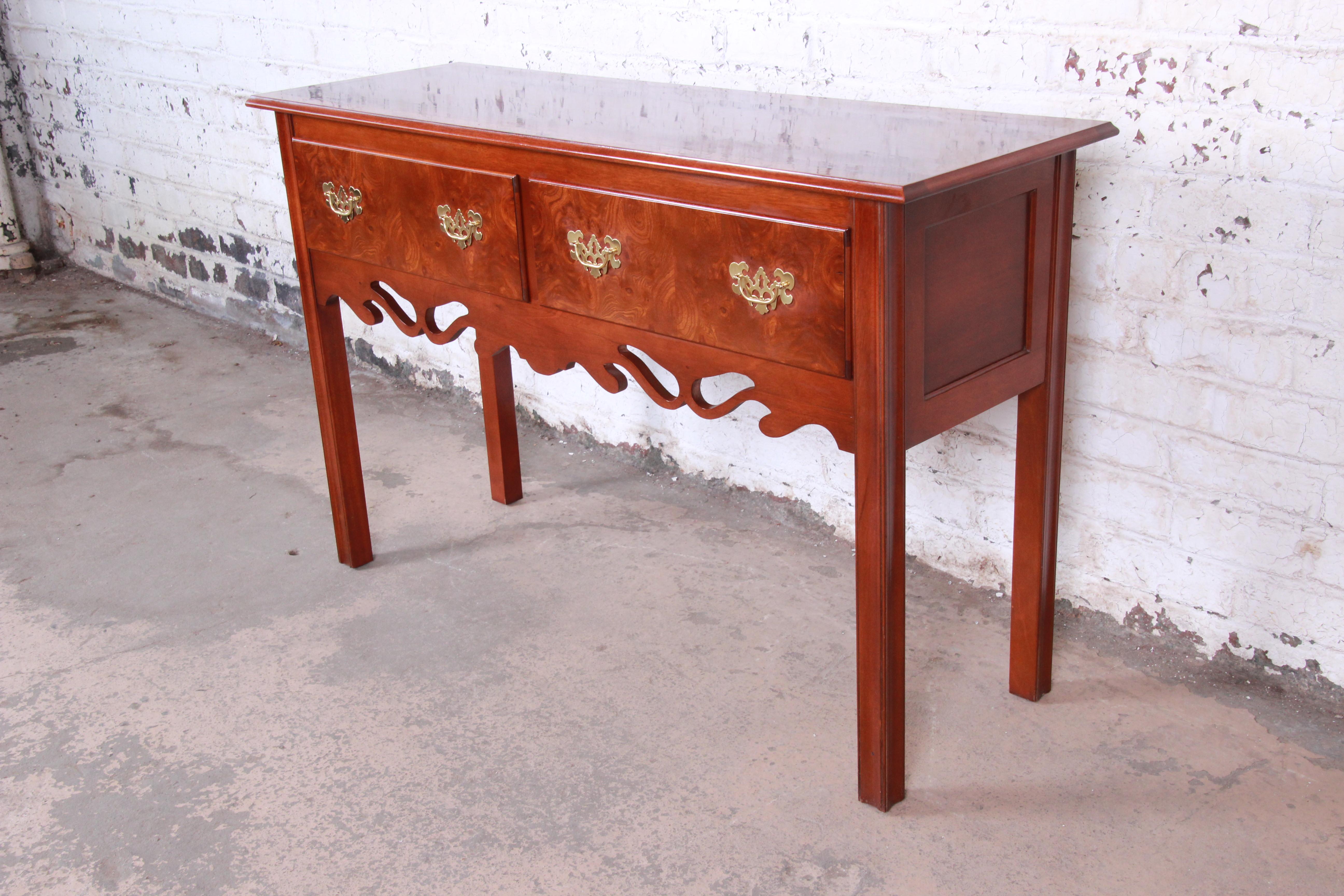 American Georgian Burl Wood and Banded Mahogany Credenza or Console Table