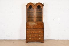 Georgian Burled Walnut Drop Front Secretary Desk With Bookcase Hutch