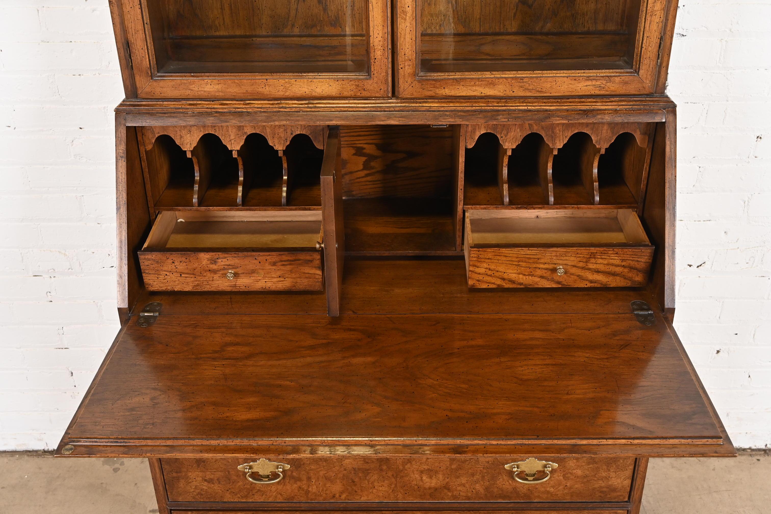 Georgian Burled Walnut Drop Front Secretary Desk With Bookcase Hutch In Good Condition In South Bend, IN