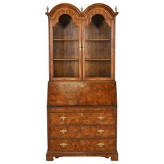 Georgian Burled Walnut Drop Front Secretary Desk With Bookcase Hutch