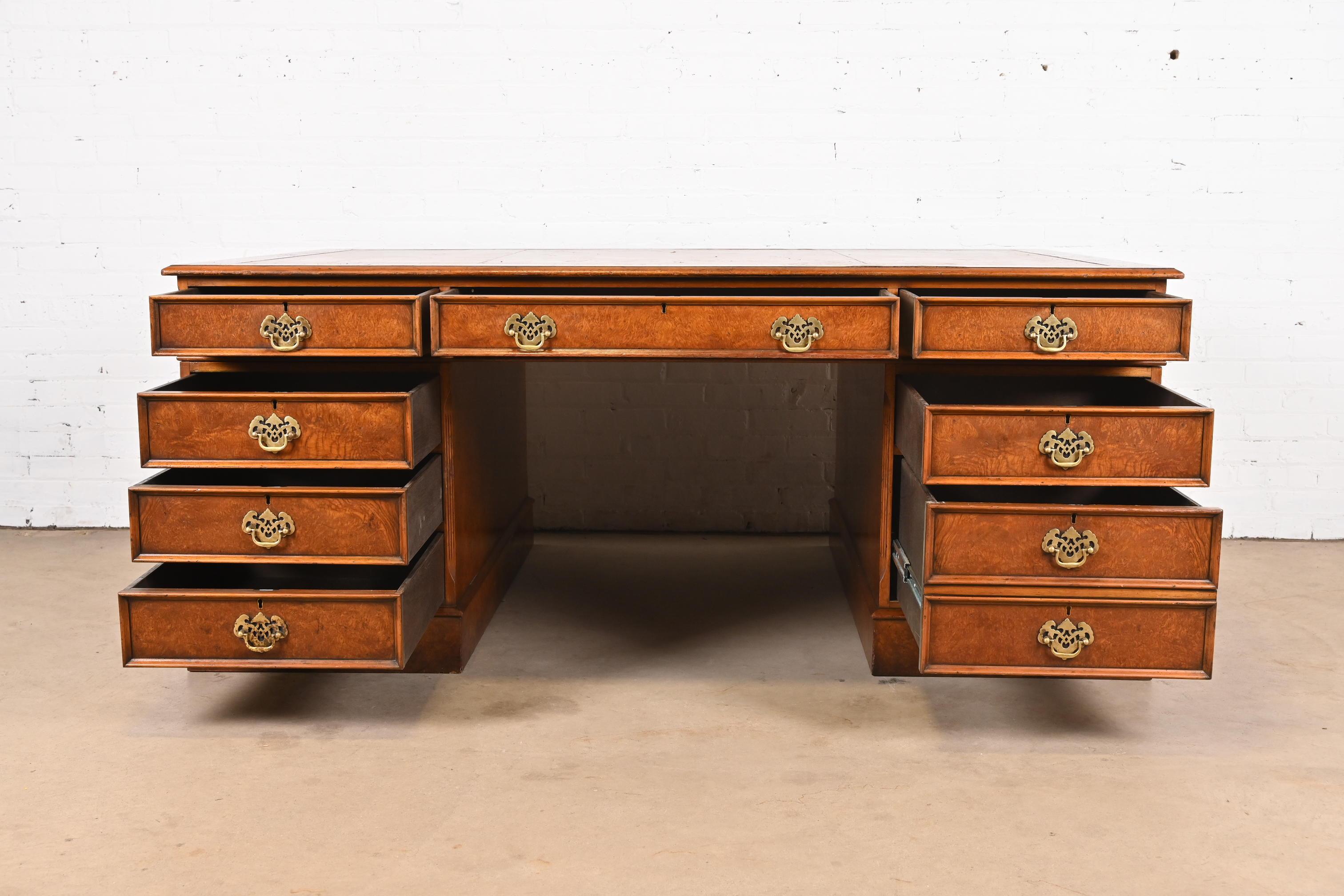 Georgian Burled Walnut Leather Top Double-Sided Executive Partners Desk 4