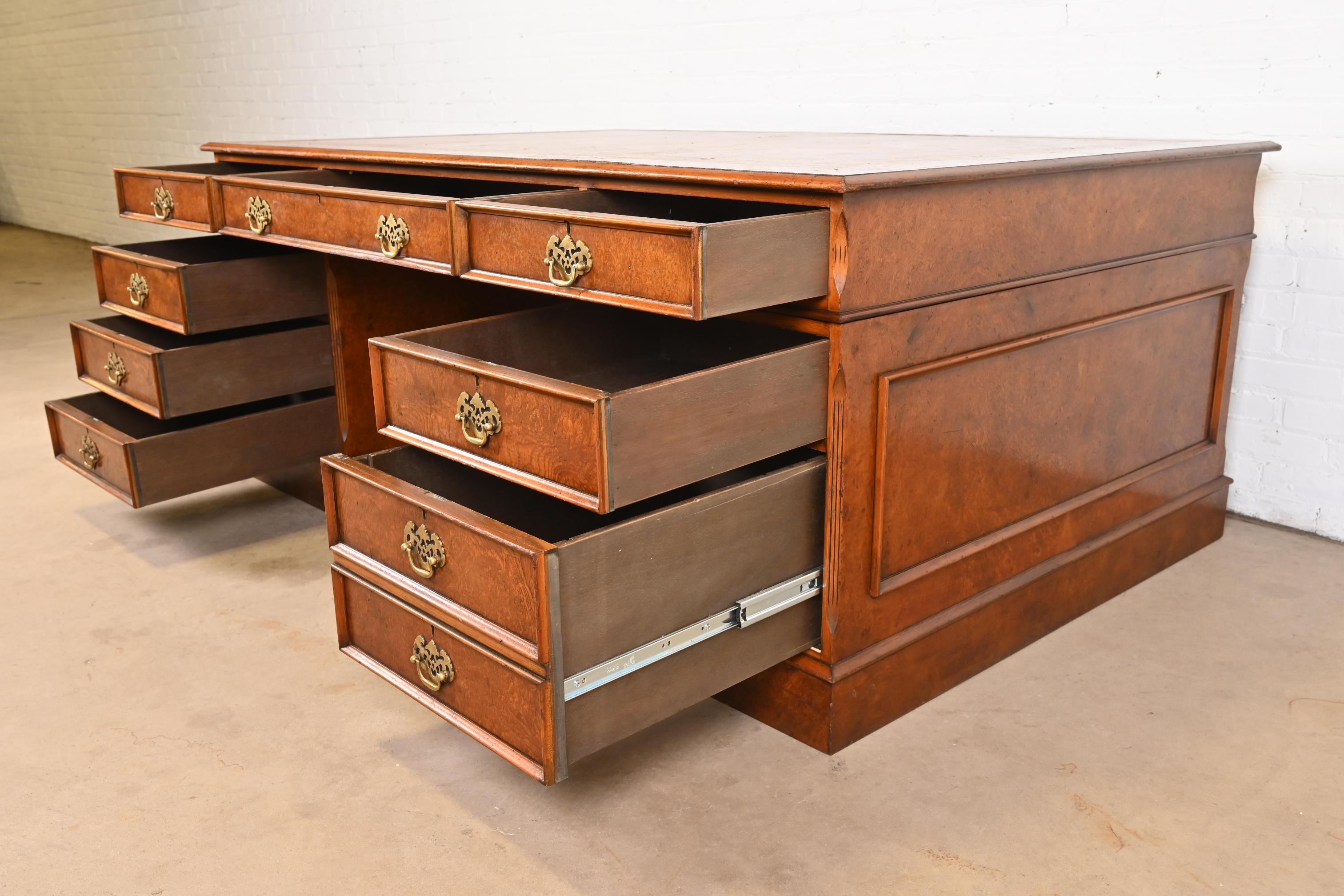 Georgian Burled Walnut Leather Top Double-Sided Executive Partners Desk 5