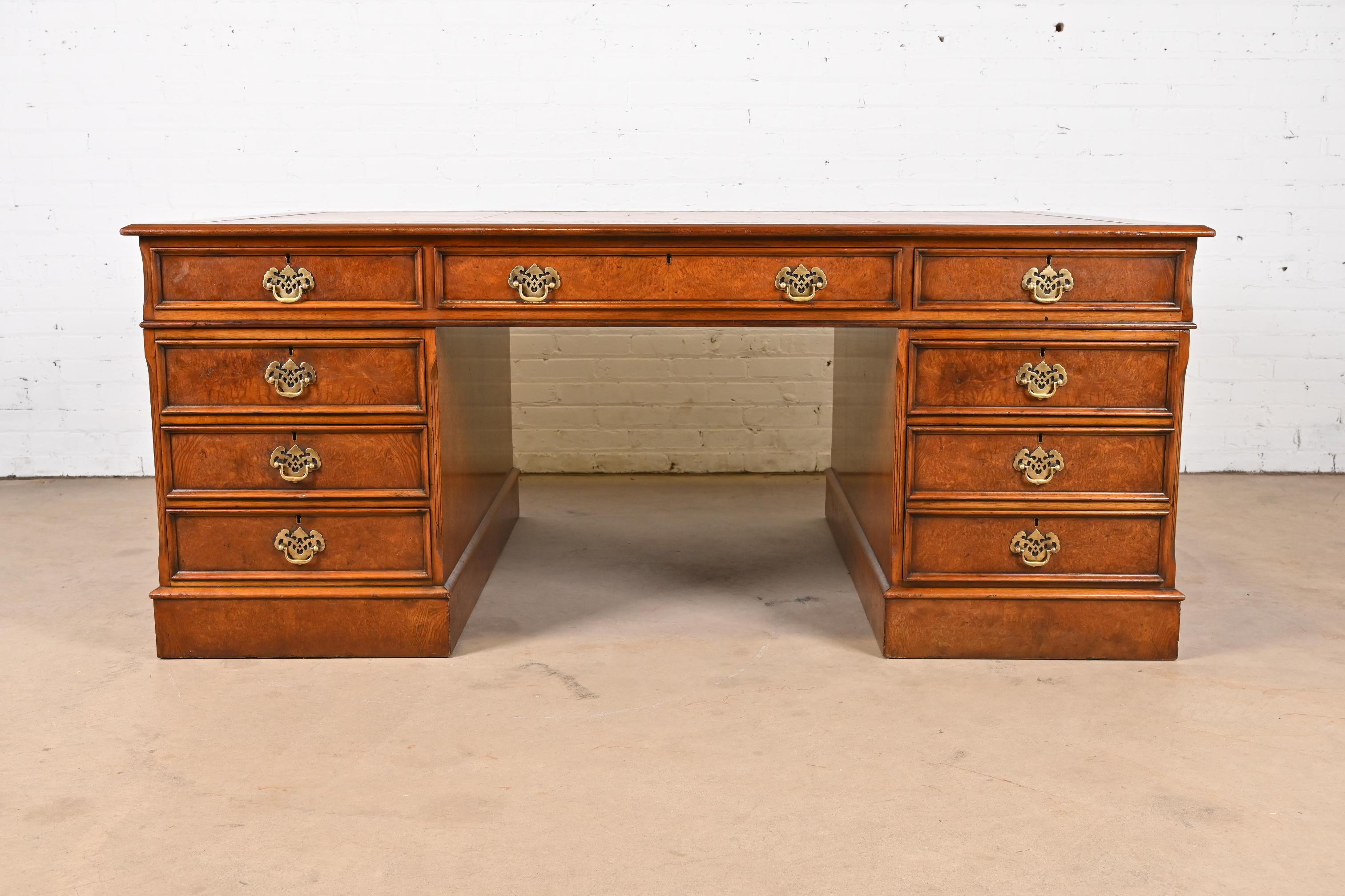 Georgian Burled Walnut Leather Top Double-Sided Executive Partners Desk 9