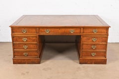 Georgian Burled Walnut Leather Top Double-Sided Executive Partners Desk