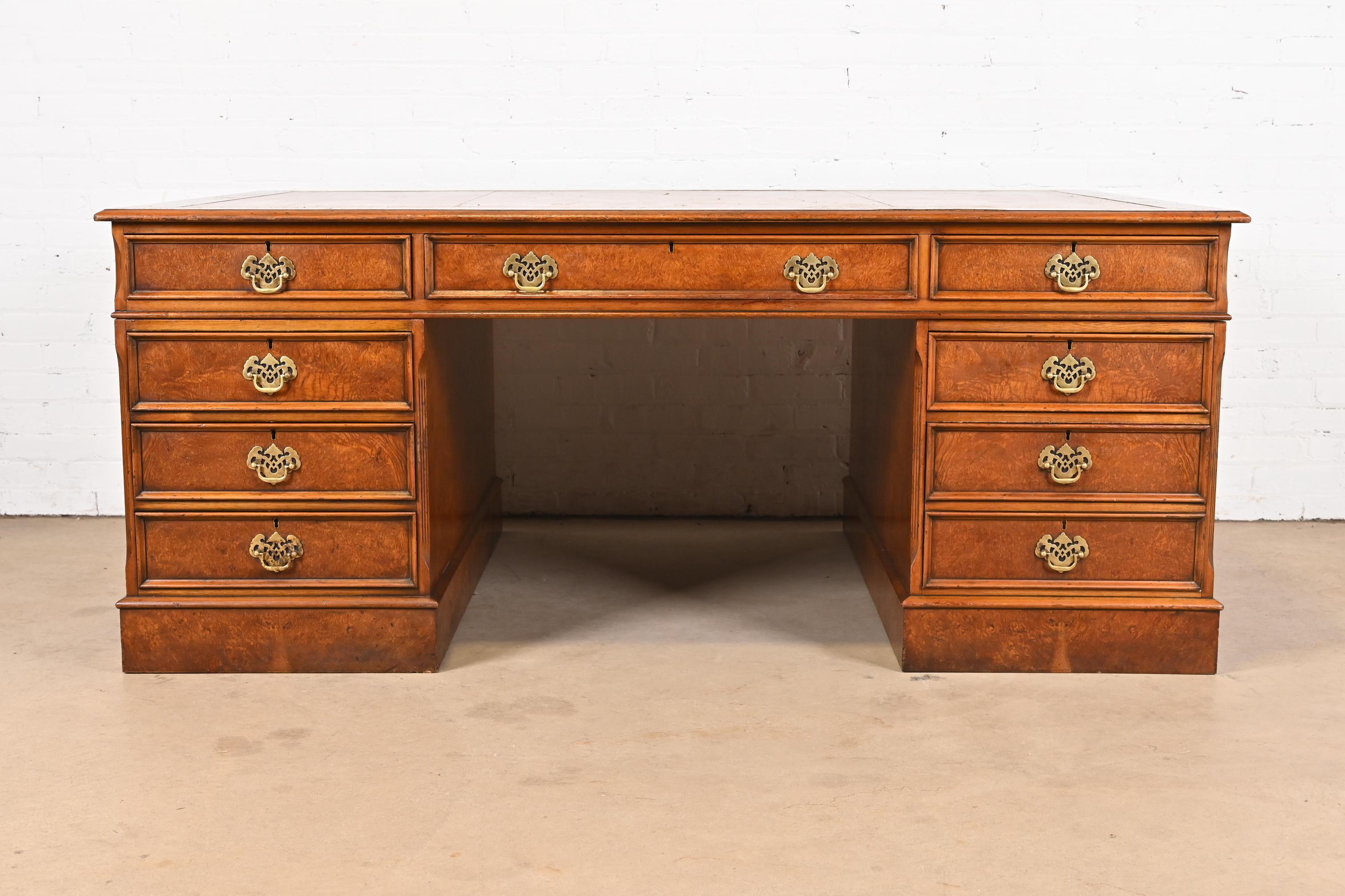 American Georgian Burled Walnut Leather Top Double-Sided Executive Partners Desk