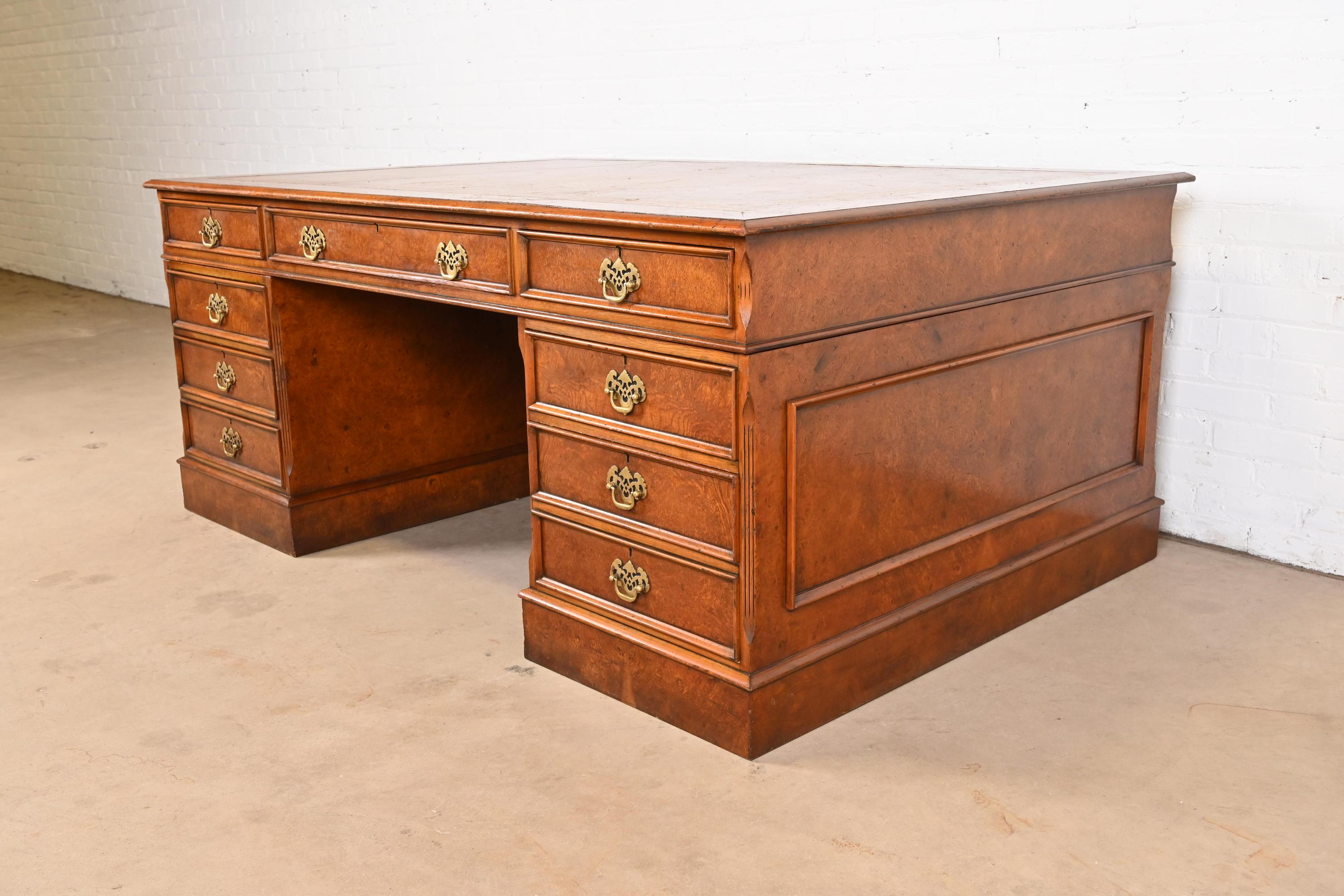 20th Century Georgian Burled Walnut Leather Top Double-Sided Executive Partners Desk