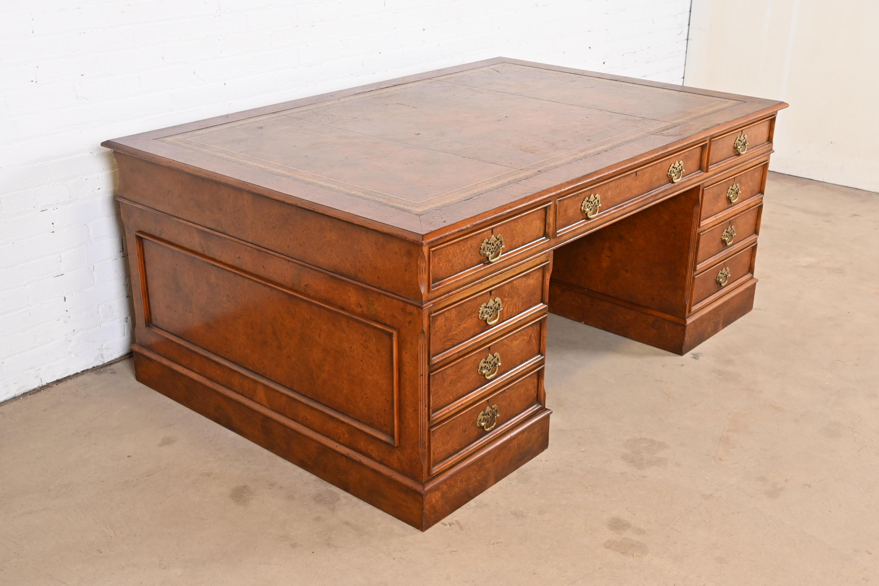 Brass Georgian Burled Walnut Leather Top Double-Sided Executive Partners Desk