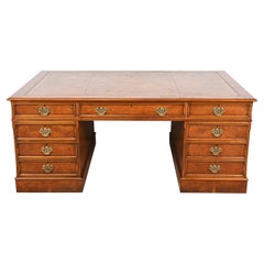 Georgian Burled Walnut Leather Top Double-Sided Executive Partners Desk