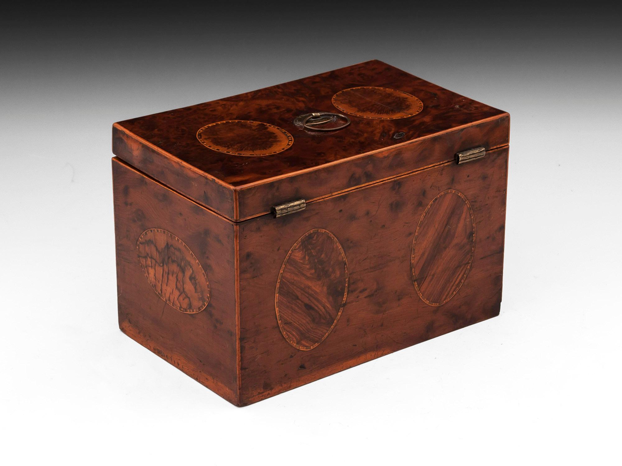 18th Century and Earlier Georgian Burr Yew Book Matched Blackthorn Oyster Tea Caddy For Sale