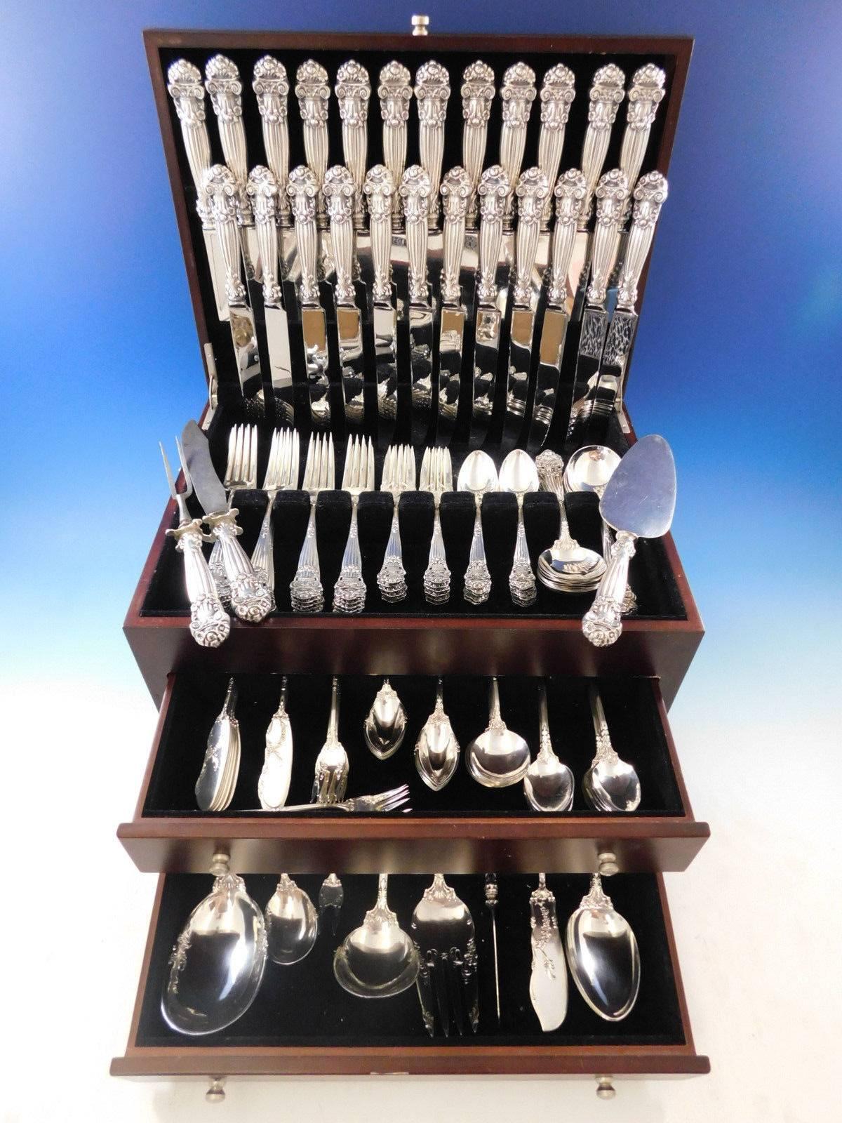 Incredible monumental Georgian by Towle sterling silver flatware set of 158 pieces. This set includes:

12 dinner size knives, with blunt silverplated blades, 9 7/8