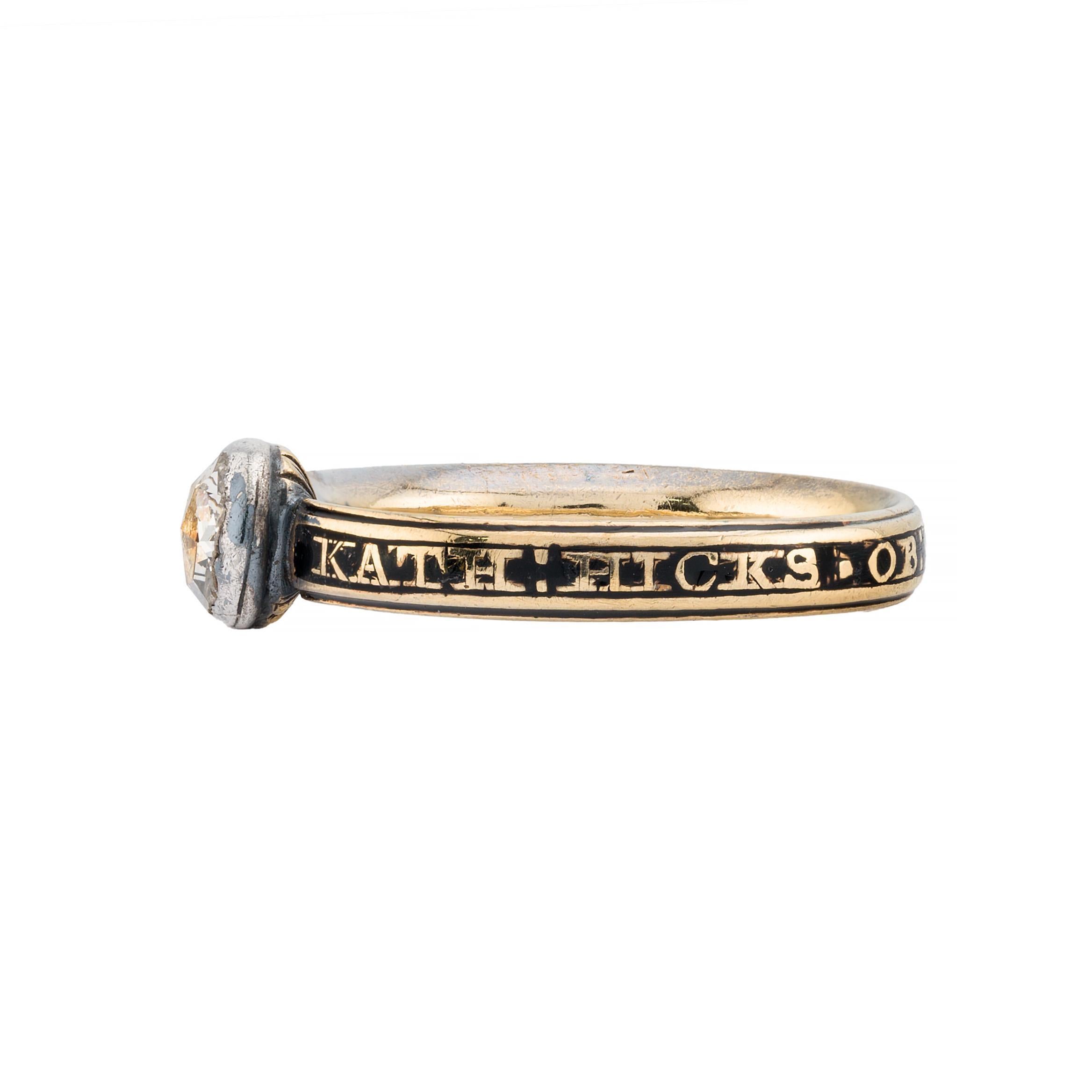Aston Estate Jewelry Presents:

A captivating and rare Georgian period mourning ring from 1763, featuring a rose-cut diamond. The diamond is elegantly set in a closed back silver mount, accentuated by black enamel detailing.  Measuring approximately