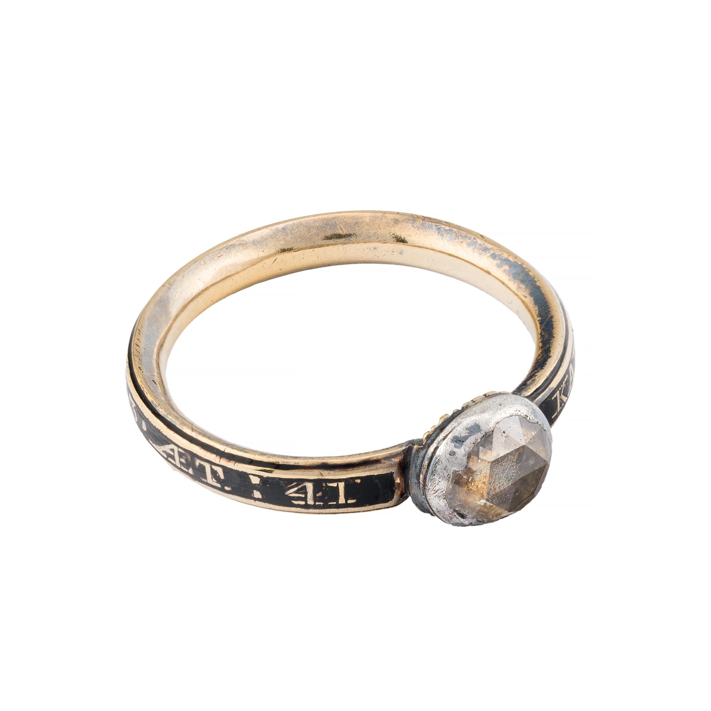 Georgian C.1763 Rose Cut Diamond Mourning Ring in 18K Yellow Gold In Good Condition In Boston, MA