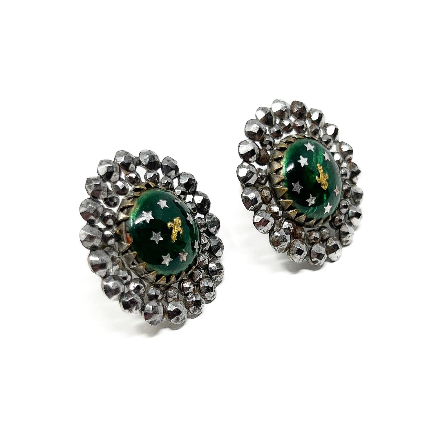 Georgian c.1800 Cut Steel and Enamel Antique Button Earrings For Sale 1