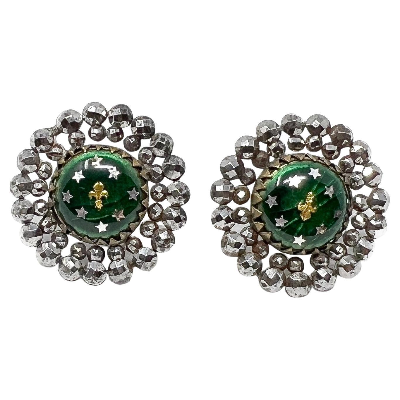 Georgian c.1800 Cut Steel and Enamel Antique Button Earrings