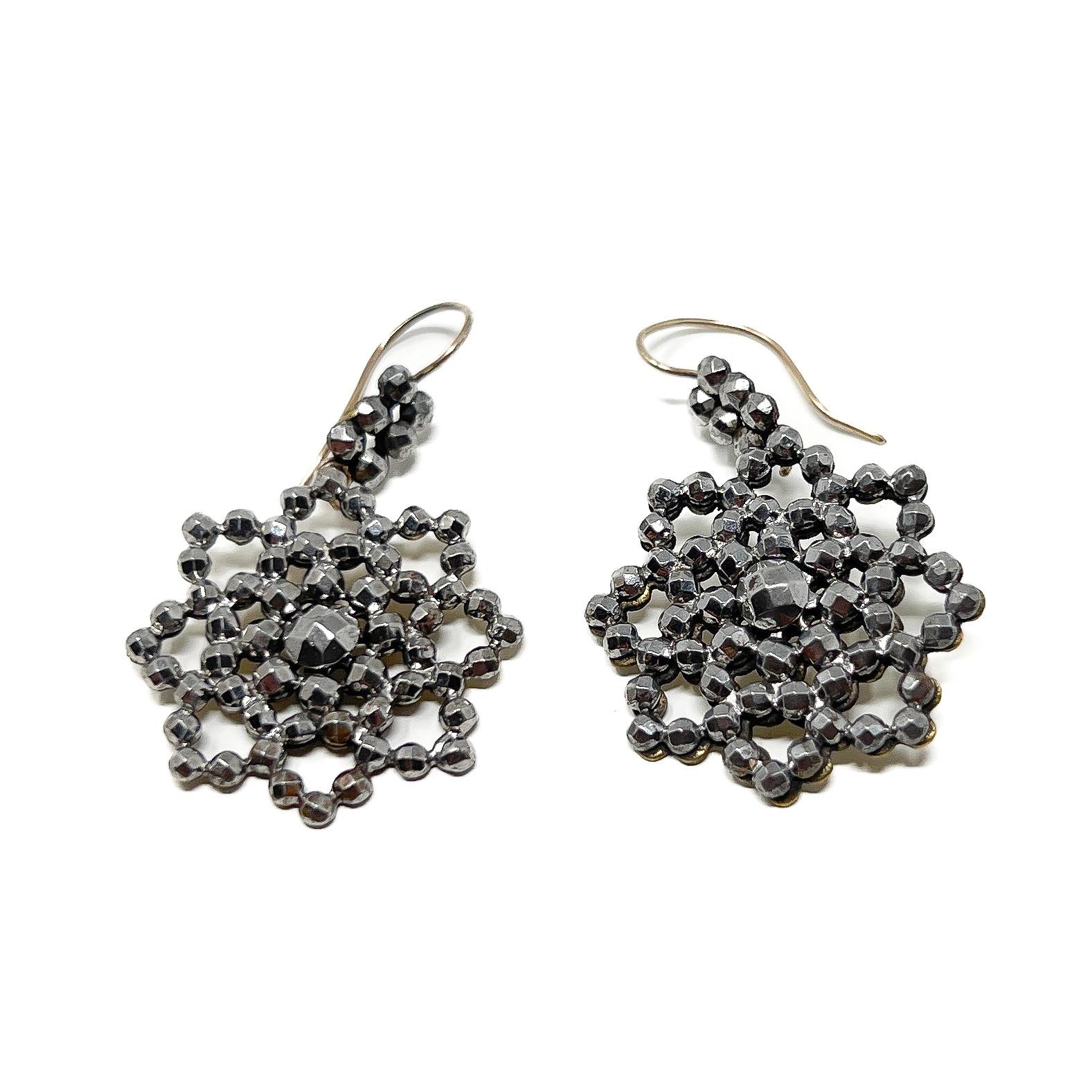 Georgian c.1800 Cut Steel Flower Antique Drop Earrings For Sale 1