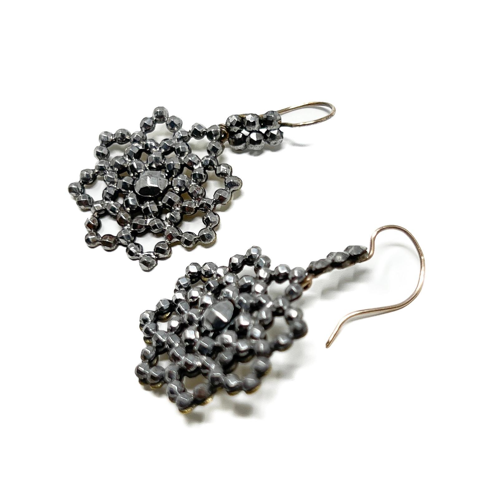 Georgian c.1800 Cut Steel Flower Antique Drop Earrings For Sale 2