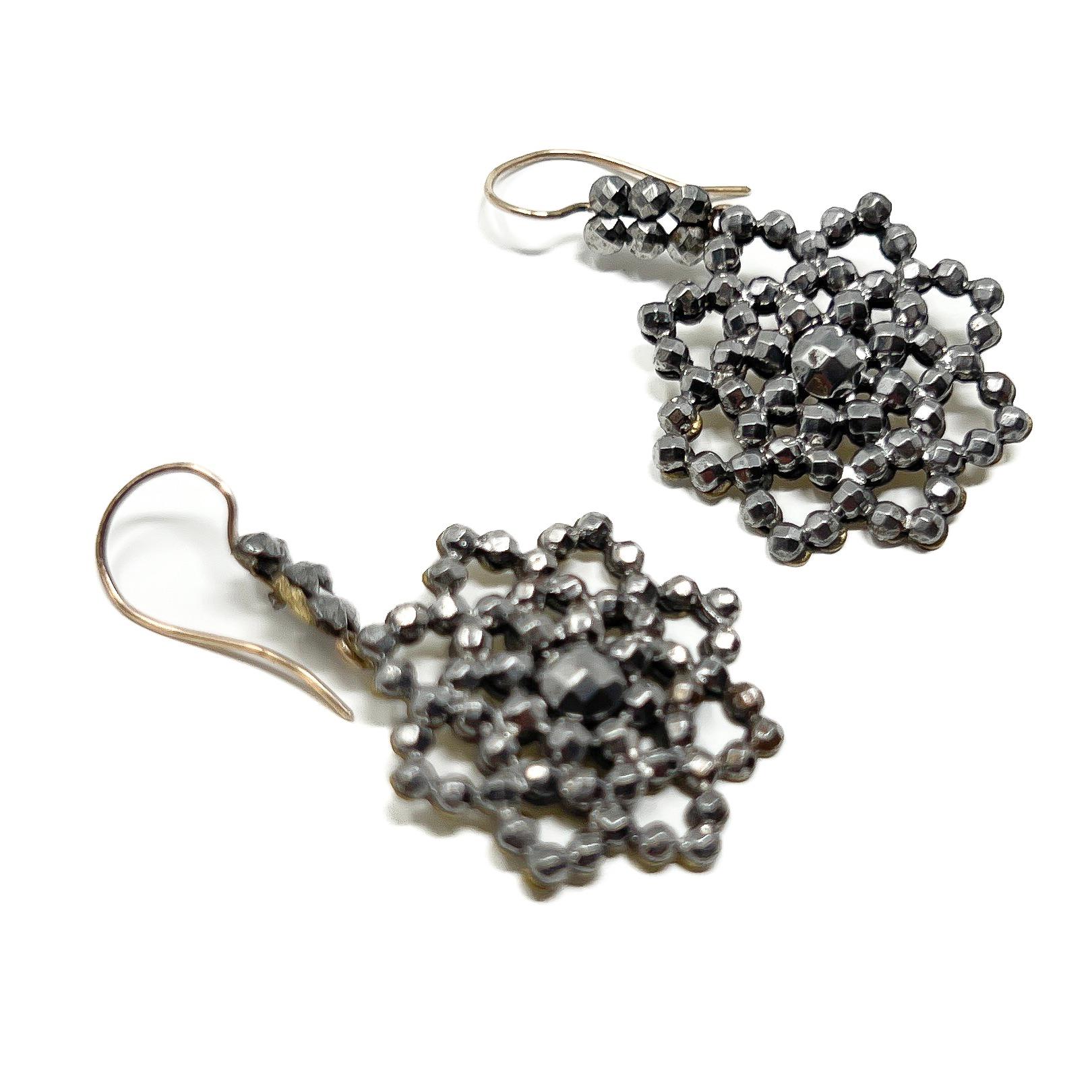 Georgian c.1800 Cut Steel Flower Antique Drop Earrings For Sale 3