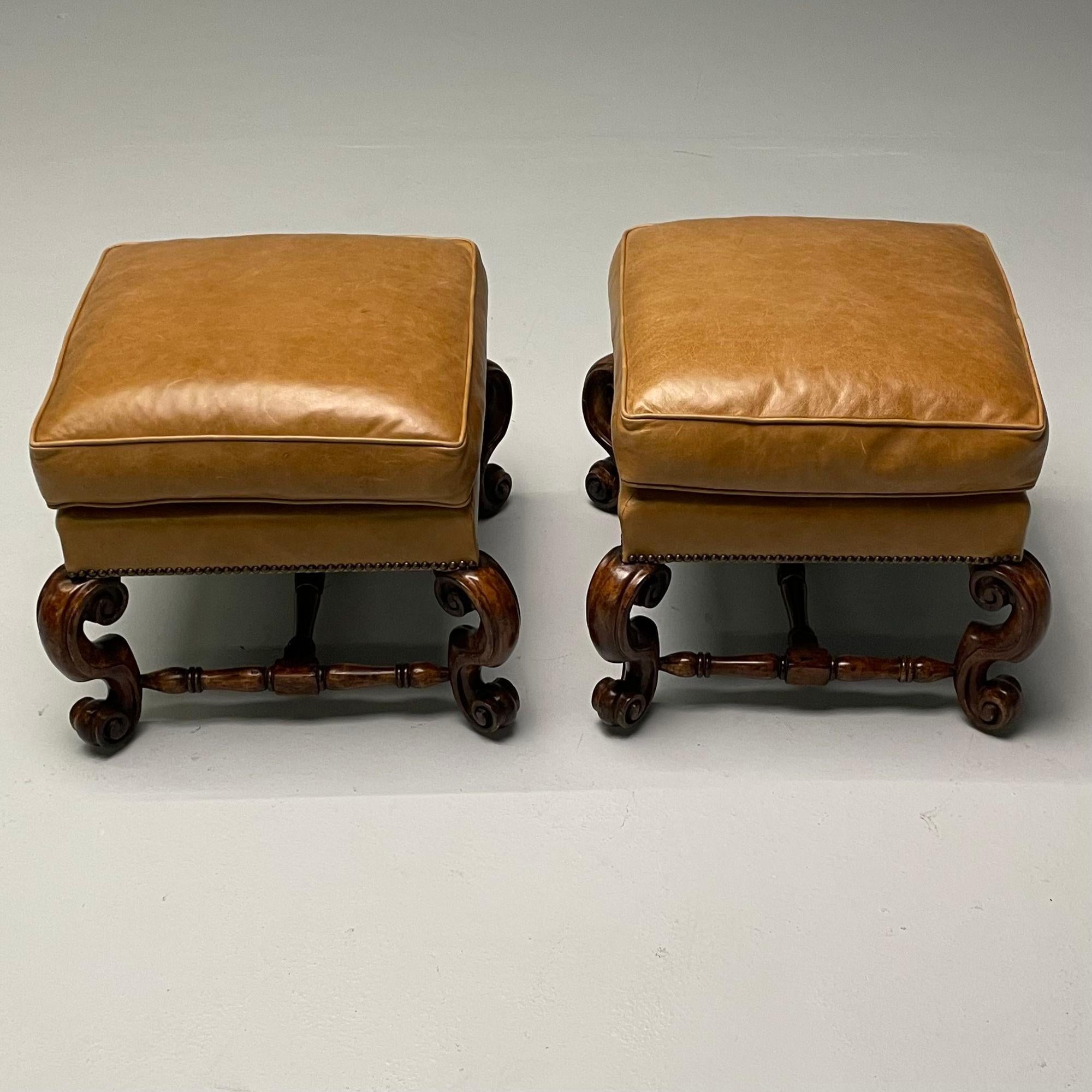 Georgian, Cabriole Leg Ottomans, Tan Leather, Wood, USA, 2000s For Sale 5