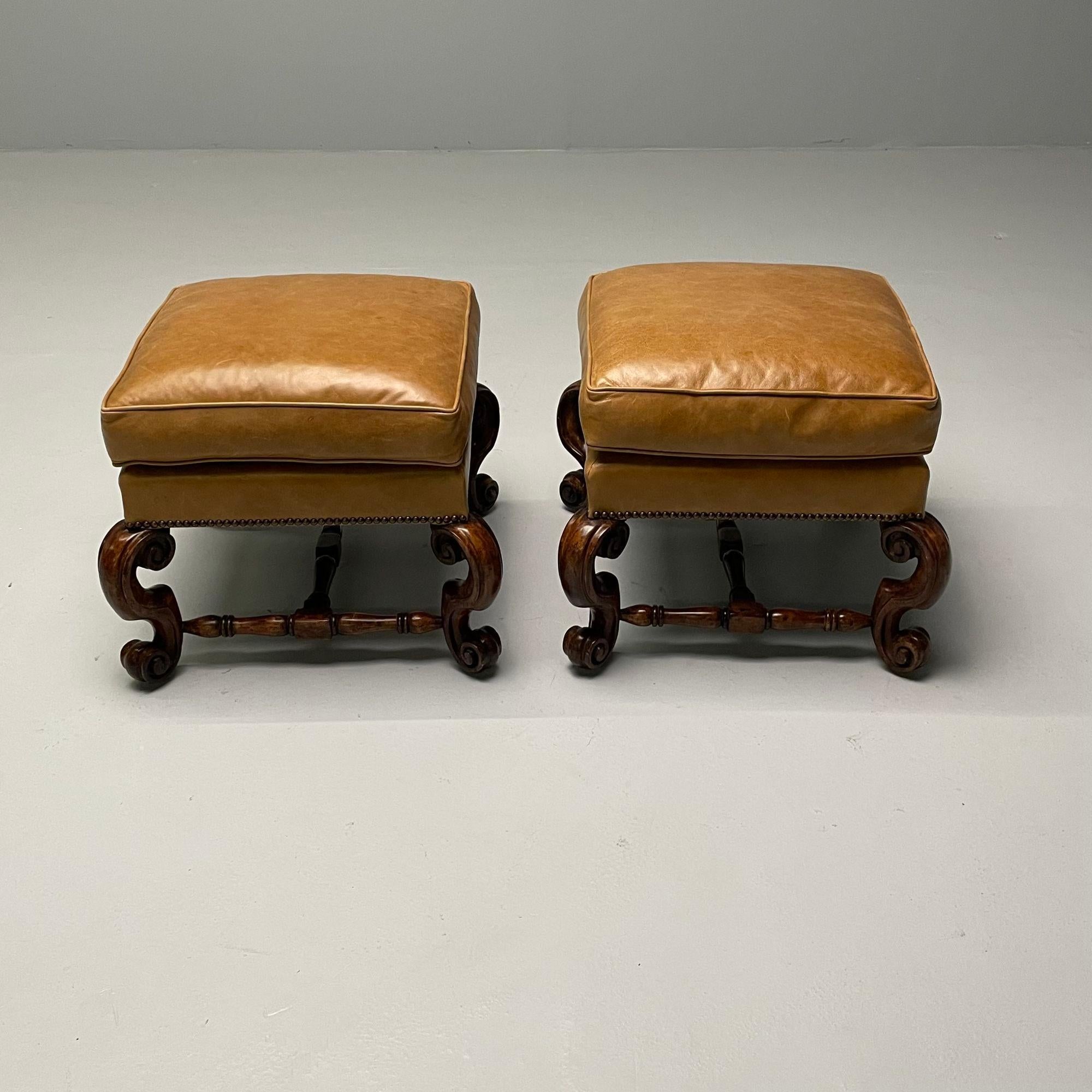 Georgian, Cabriole Leg Ottomans, Tan Leather, Wood, USA, 2000s

Pair of square georgian style leather and wood ottomans. Each piece has nail-head detailing and tan leather seat cushions. Each ottoman sits on an elaborate stained wood base with