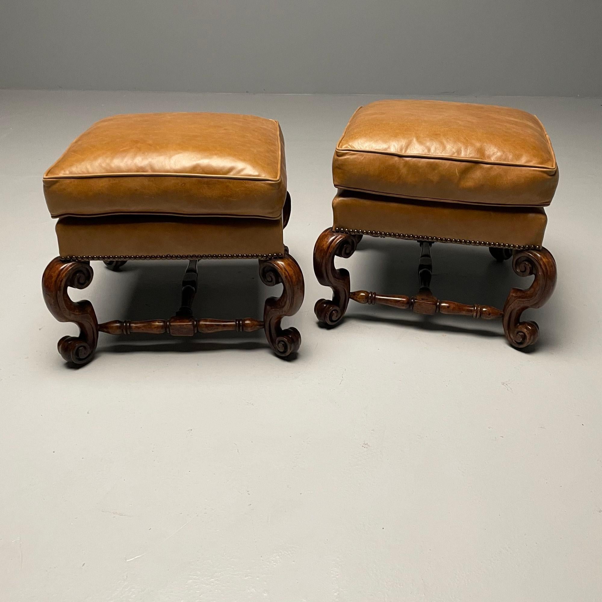 American Georgian, Cabriole Leg Ottomans, Tan Leather, Wood, USA, 2000s For Sale