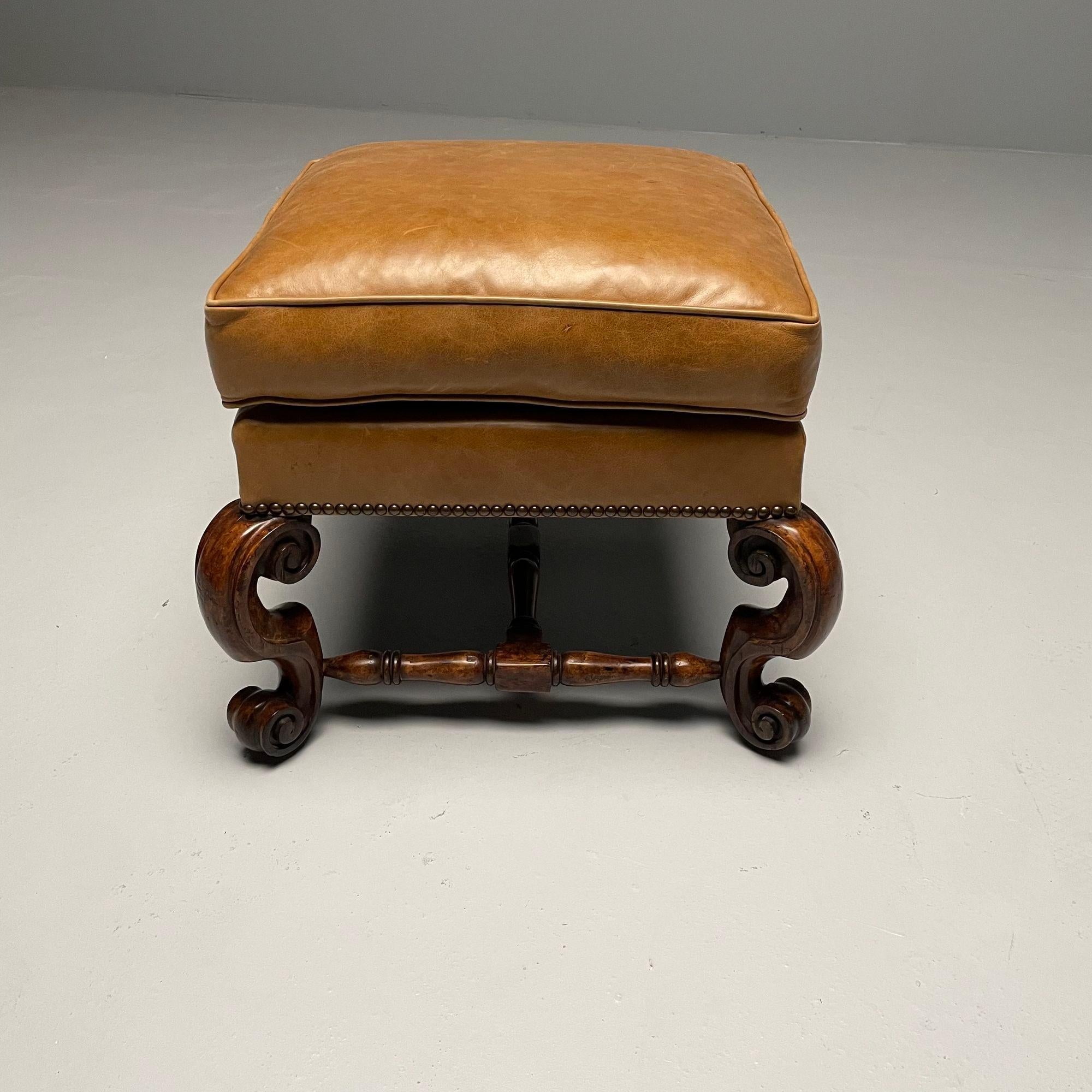 Georgian, Cabriole Leg Ottomans, Tan Leather, Wood, USA, 2000s For Sale 1
