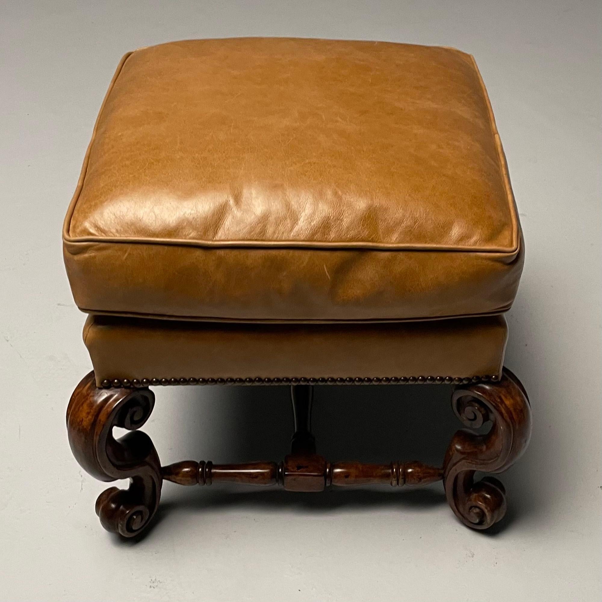 Georgian, Cabriole Leg Ottomans, Tan Leather, Wood, USA, 2000s For Sale 2