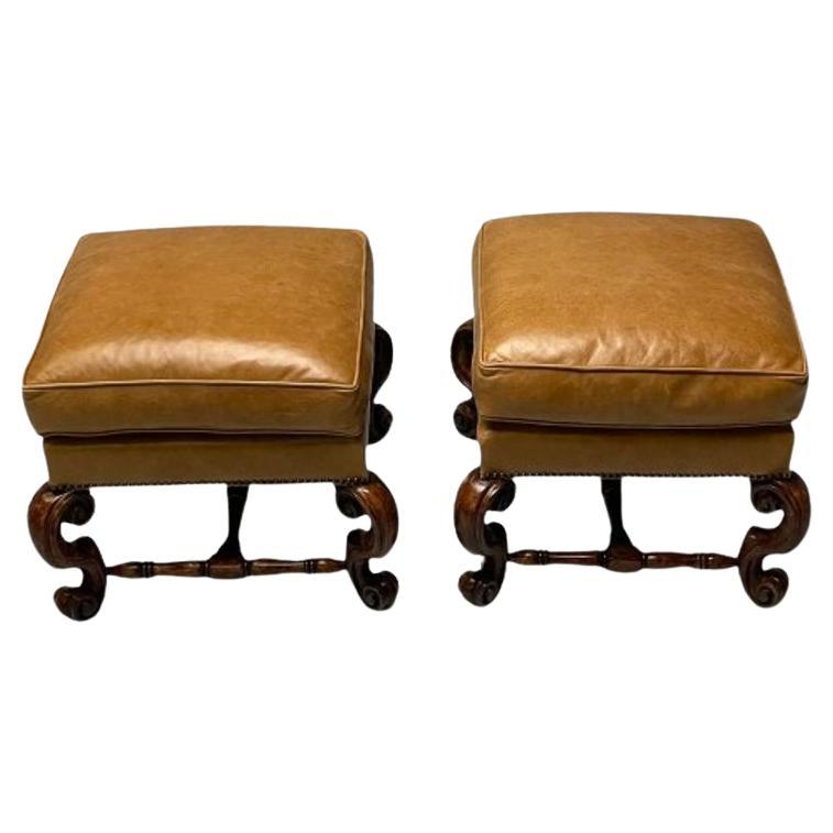 Georgian, Cabriole Leg Ottomans, Tan Leather, Wood, USA, 2000s For Sale
