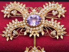 Georgian Canetille 15K Yellow Gold Amethyst, Citrine & Seed Pearl Pendant Brooch