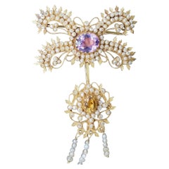Georgian Canetille 15K Yellow Gold Amethyst, Citrine & Seed Pearl Pendant Brooch