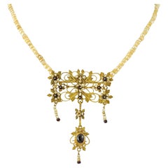 Georgian Canetille Bow Garnet Natural Pearl Brooch Pendant Necklace 18 KT