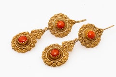 Georgian Cannetille Gold Coral Day Night Earrings