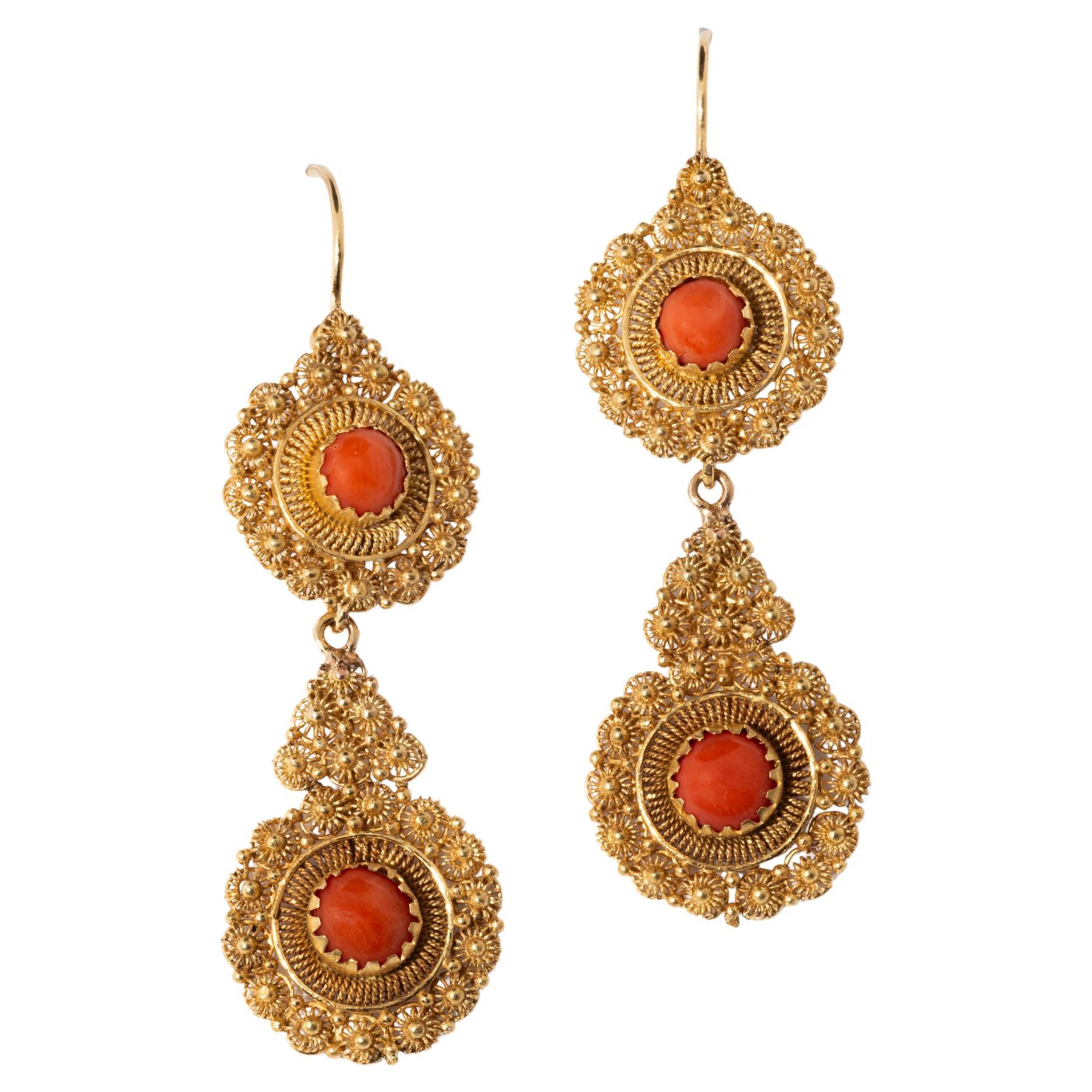Boucles d'oreilles jour et nuit en or Cannetille géorgienne et corail