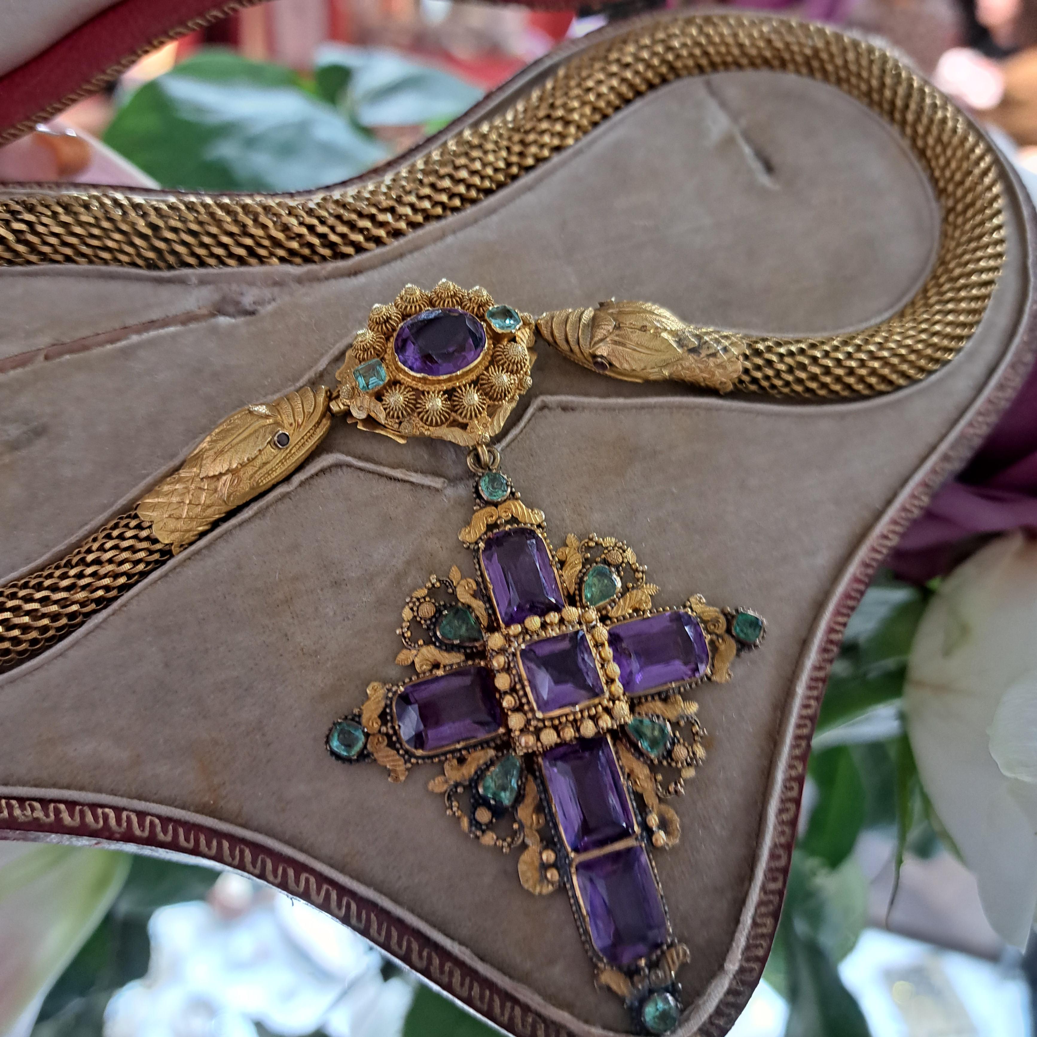 Oval Cut Georgian Cannetille Gold Snake Necklace with Amethyst and Emerald Cross Pendant For Sale
