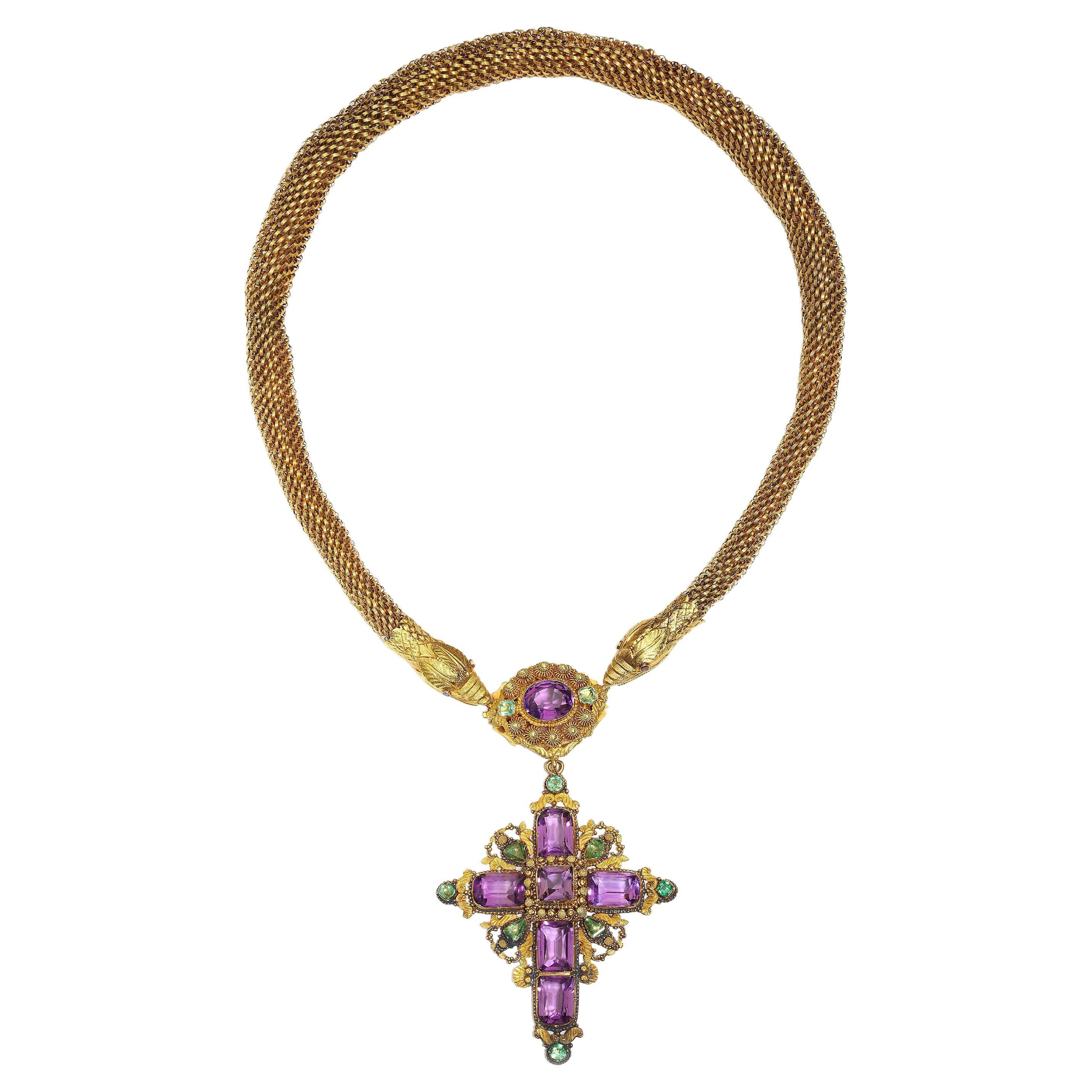 Georgian Cannetille Gold Snake Necklace with Amethyst and Emerald Cross Pendant For Sale