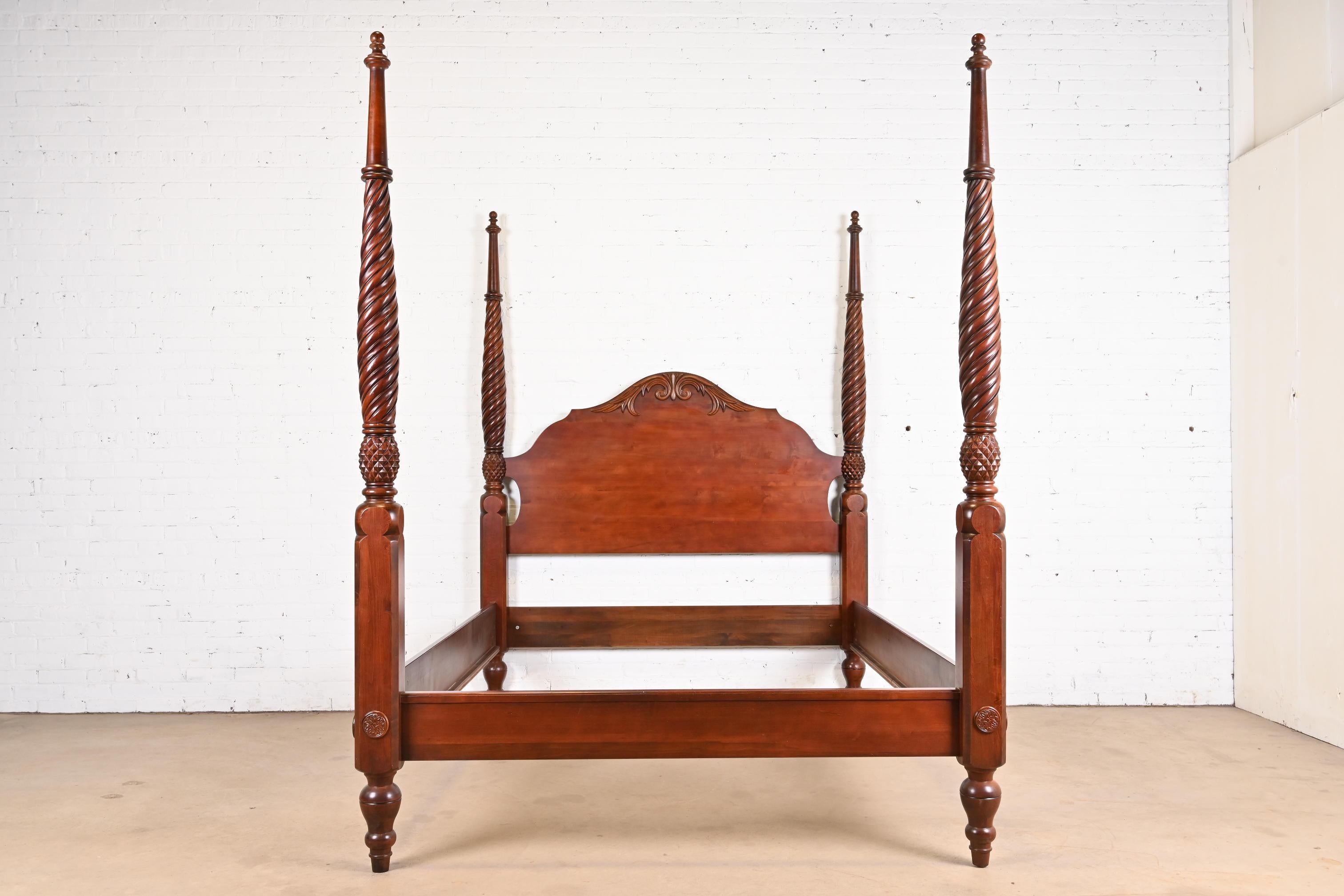 American Georgian Carved Cherry Wood Queen Size Poster Bed For Sale