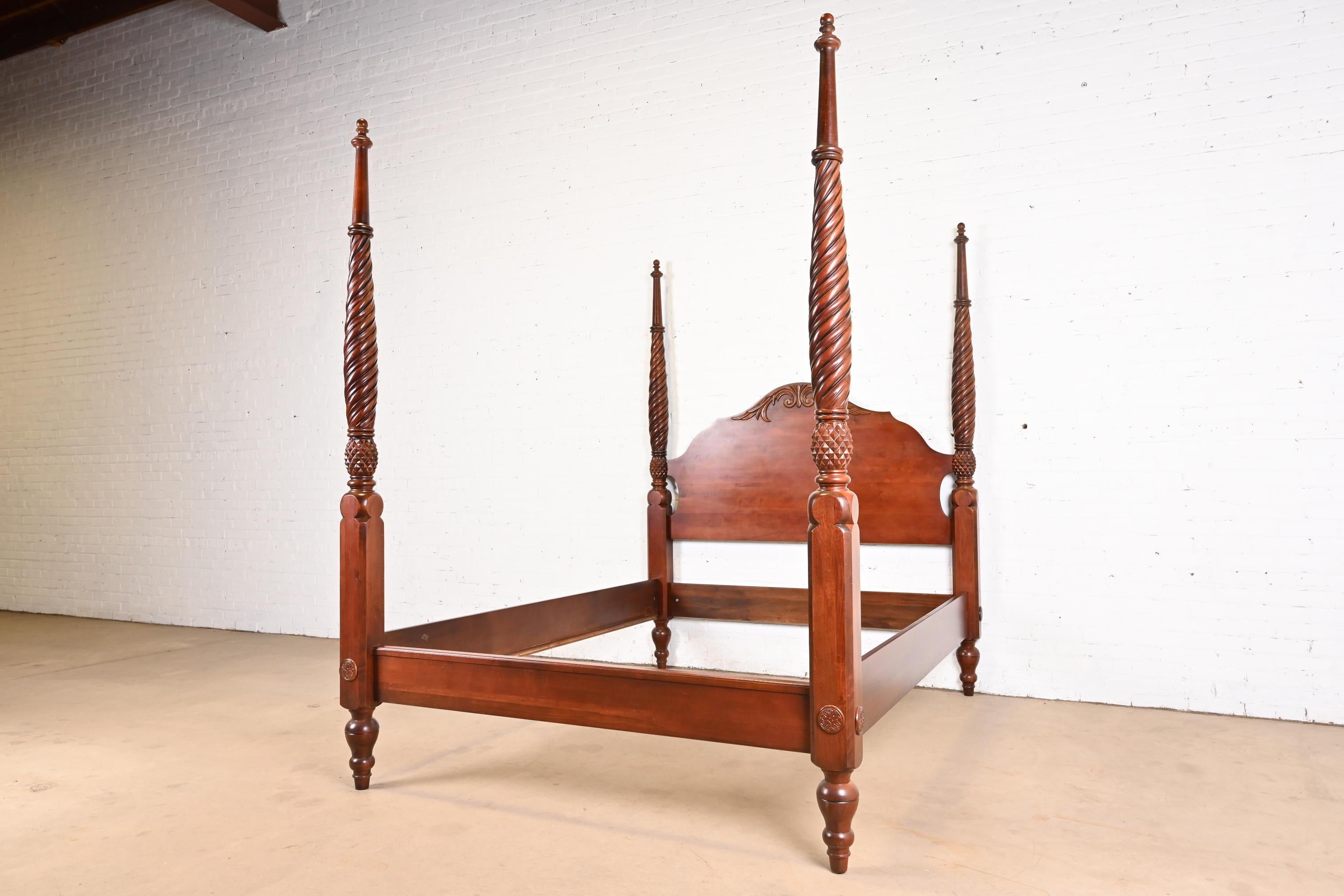 Georgian Carved Cherry Wood Queen Size Poster Bed For Sale 1