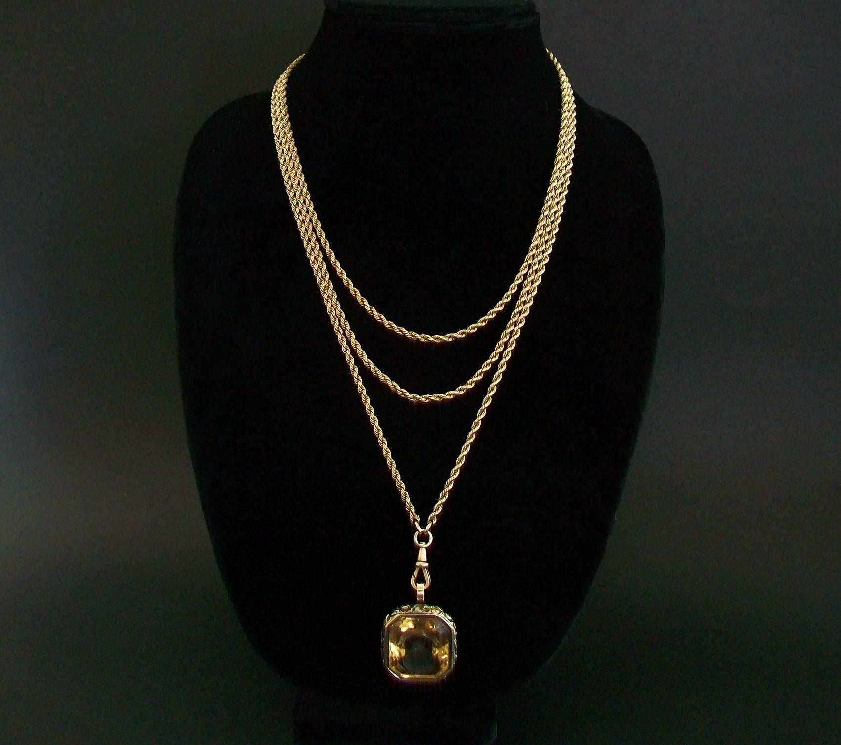 Emerald Cut Georgian Carved Citrine Fob & Rope Twist Watch Chain/Necklace - 19th Century For Sale