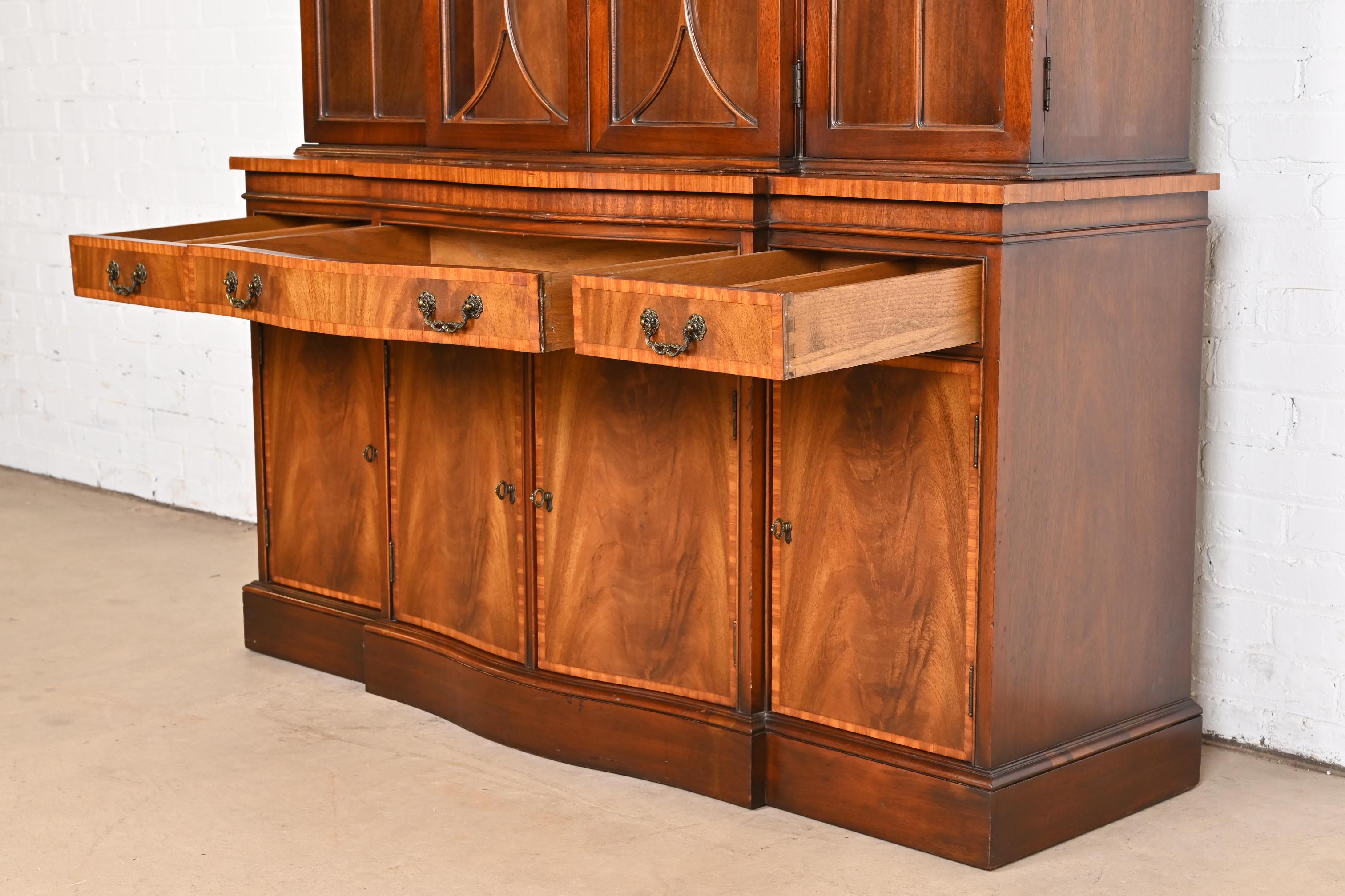 Brass Georgian Carved Flame Mahogany Breakfront Bookcase Cabinet by Fancher, 1940s