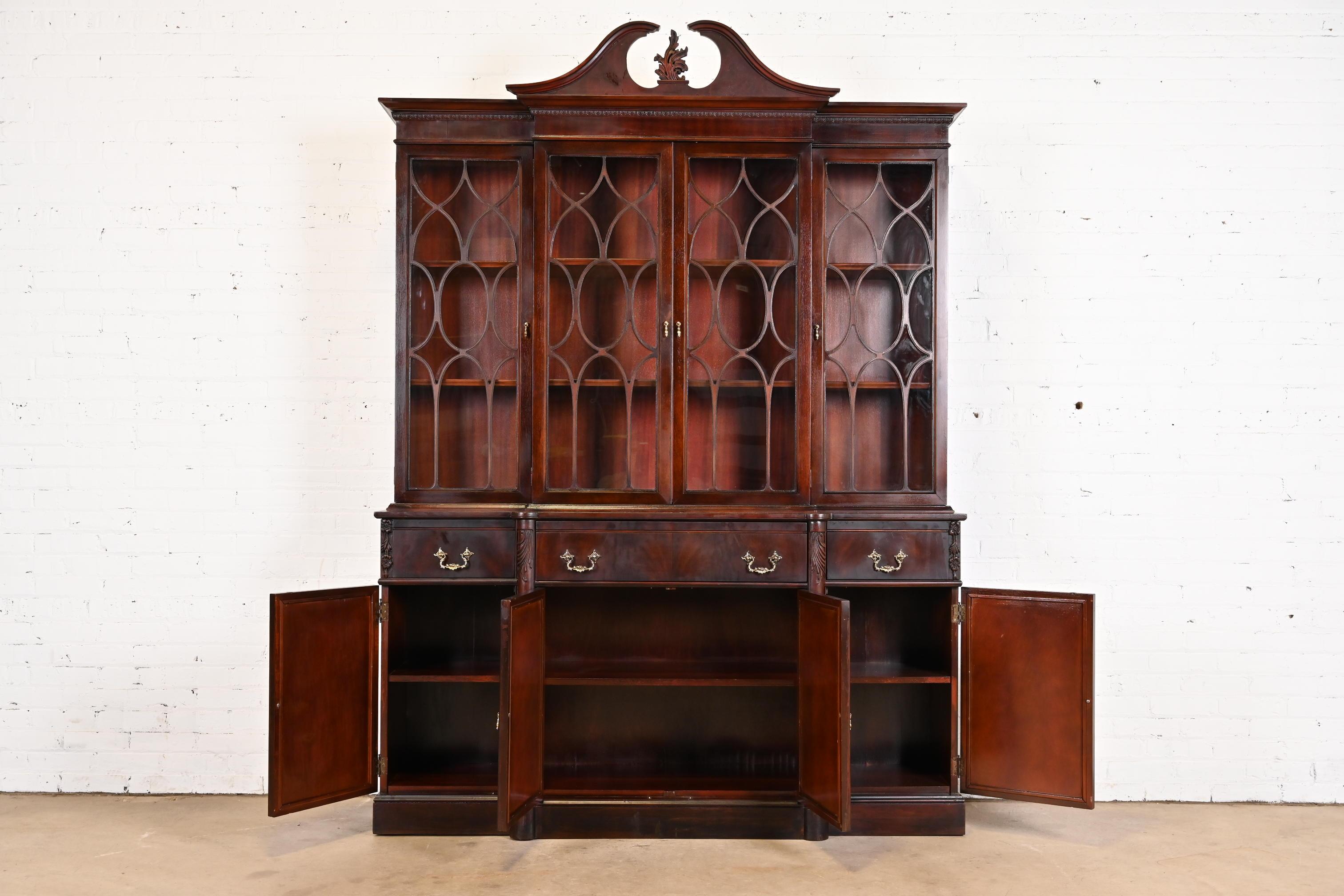 Georgian Carved Flame Mahogany Breakfront Bookcase Cabinet With Secretary Desk For Sale 4