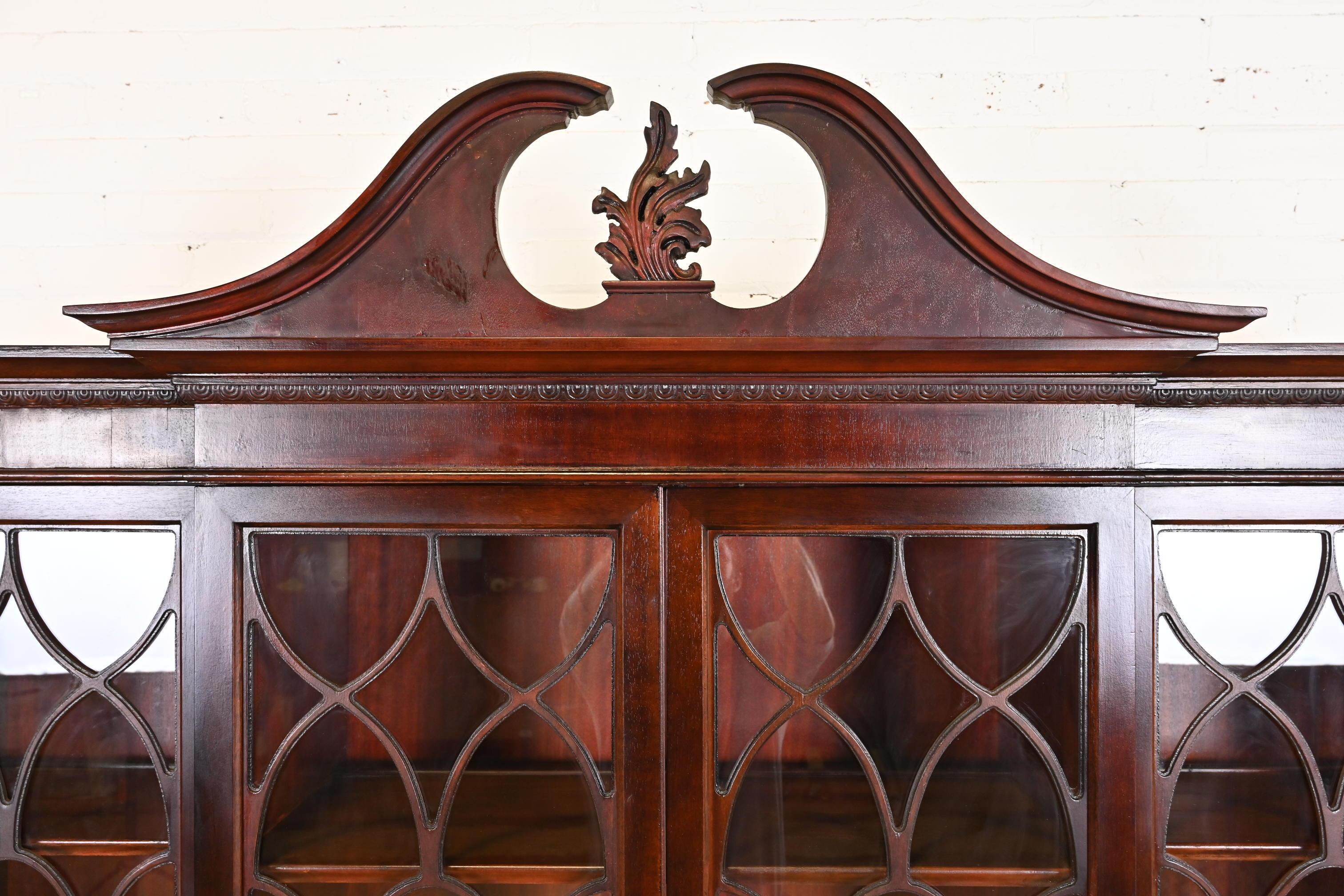Georgian Carved Flame Mahogany Breakfront Bookcase Cabinet With Secretary Desk For Sale 6