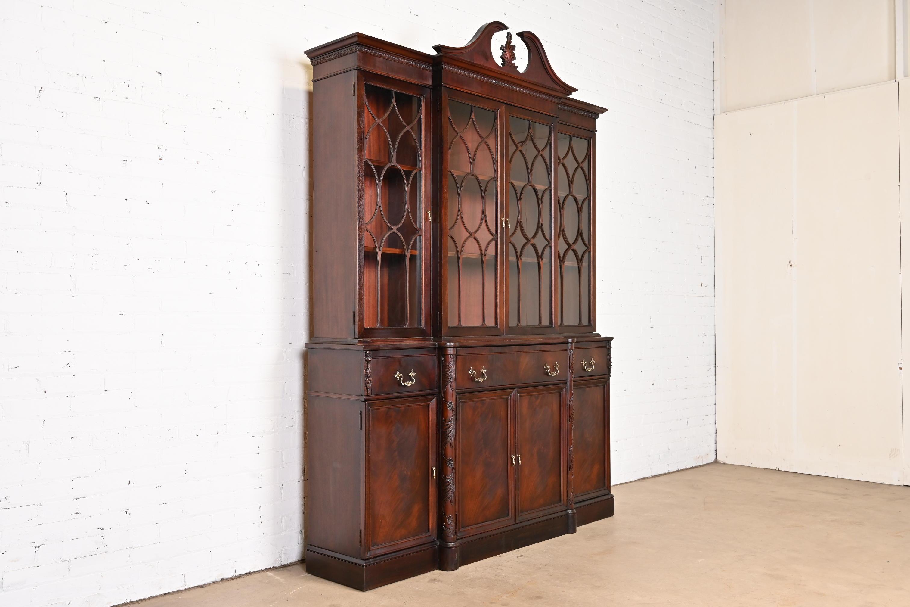 American Georgian Carved Flame Mahogany Breakfront Bookcase Cabinet With Secretary Desk For Sale