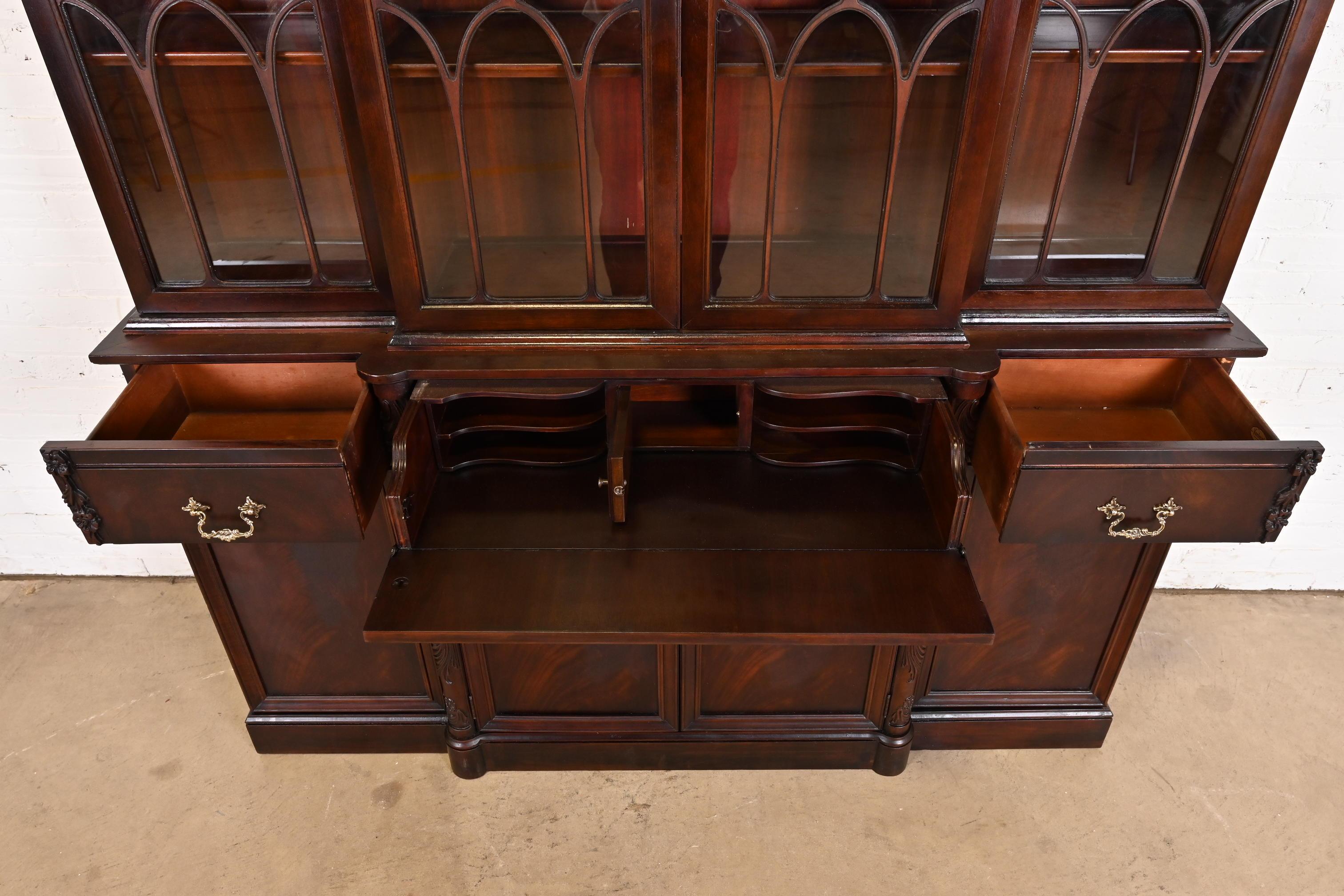 Brass Georgian Carved Flame Mahogany Breakfront Bookcase Cabinet With Secretary Desk For Sale