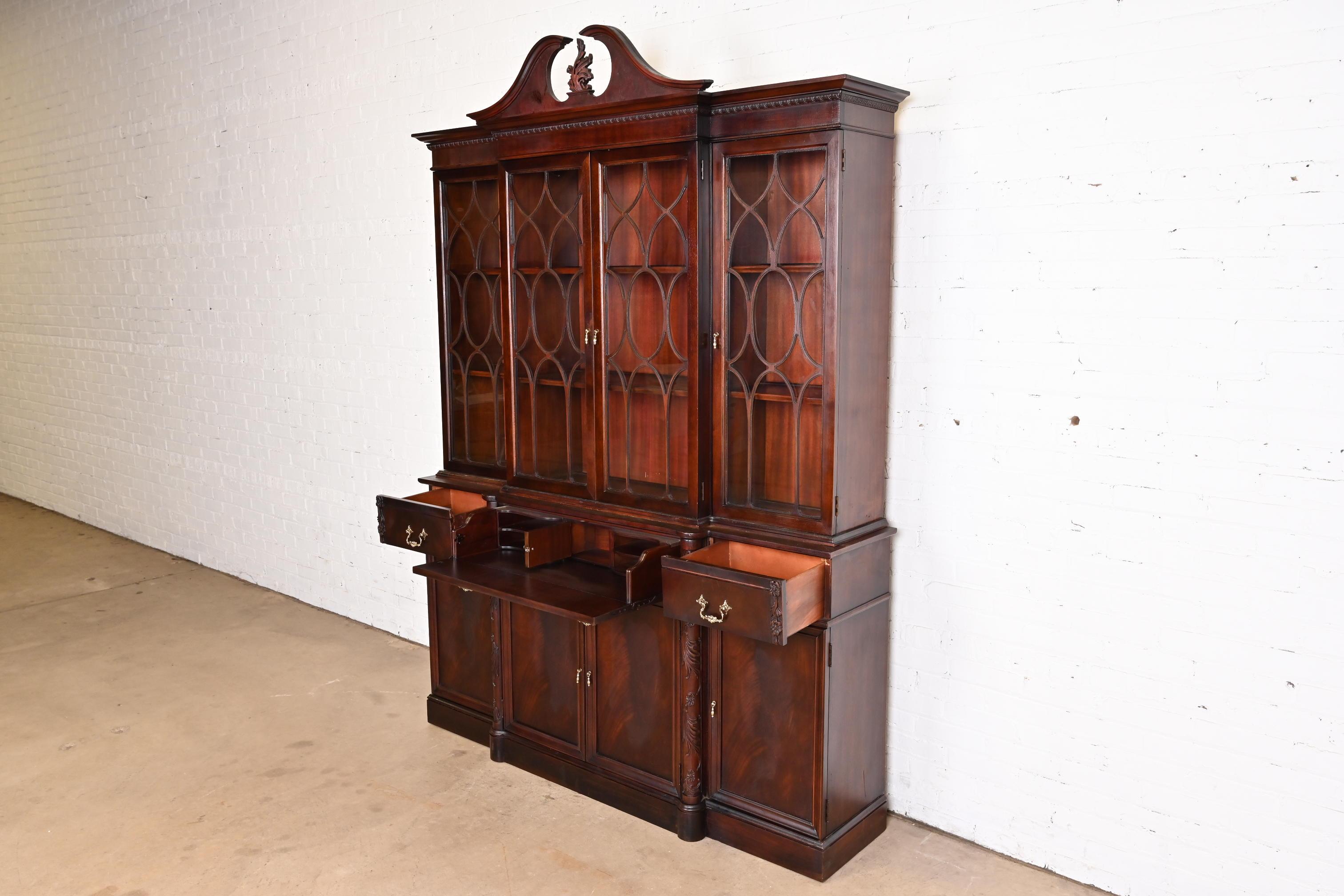 Georgian Carved Flame Mahogany Breakfront Bookcase Cabinet With Secretary Desk For Sale 2