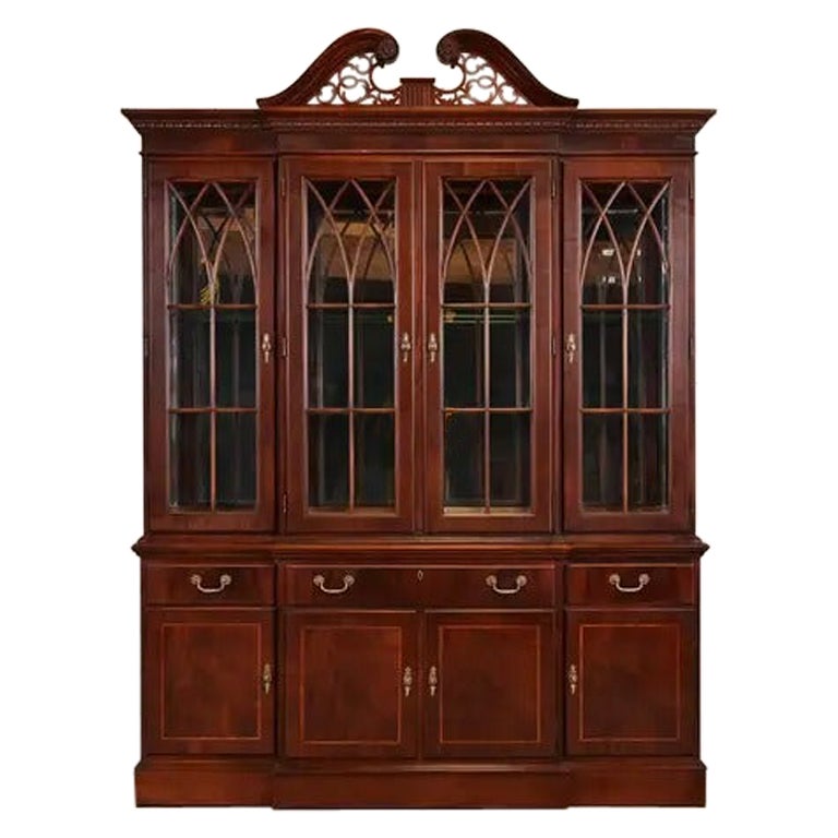 Georgian Carved Flame Mahogany Lighted Breakfront Bookcase Cabinet